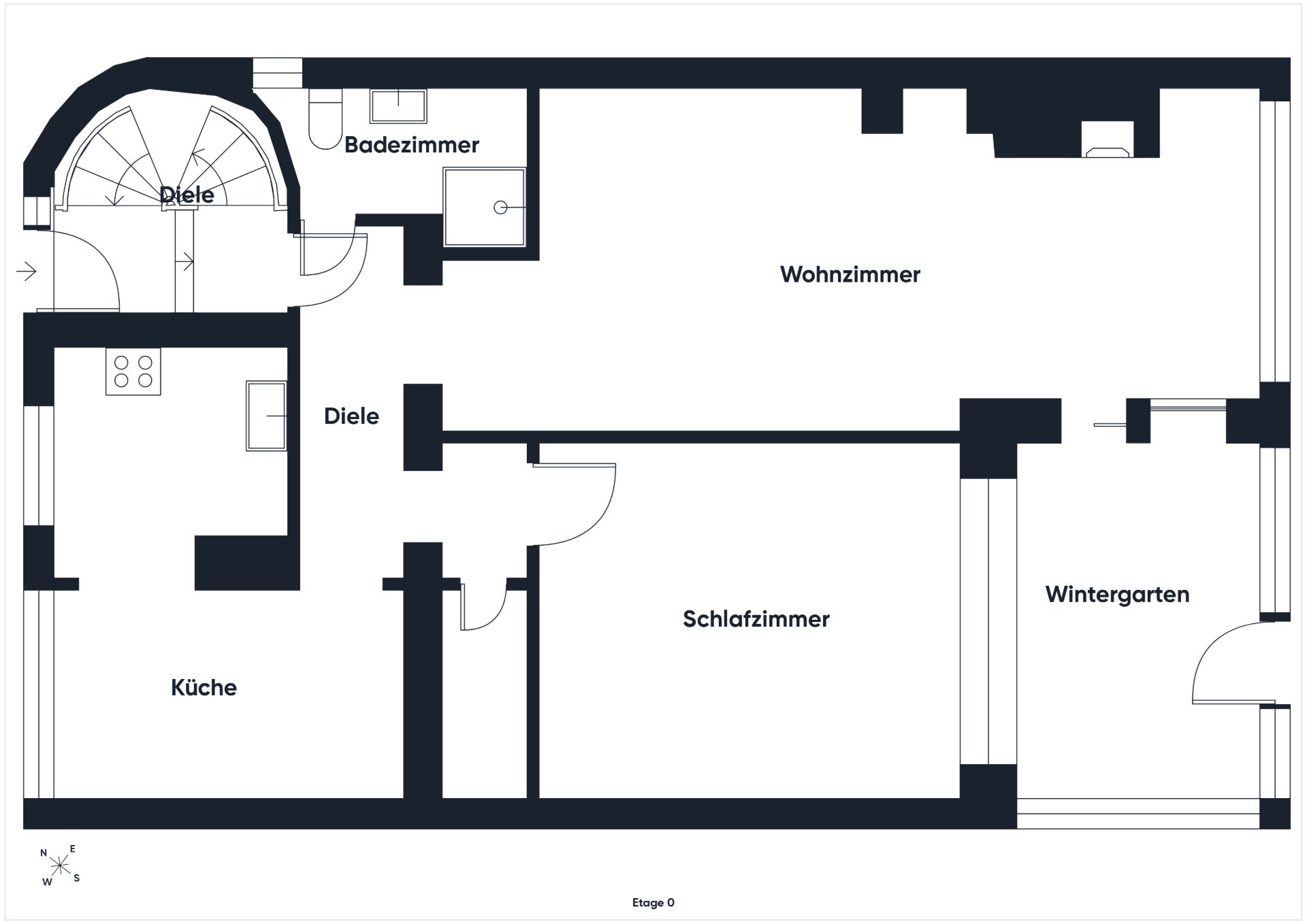 Grundriss einer Wohnung mit Küche, Wohnzimmer, Schlafzimmer, Badezimmer und Wintergarten.