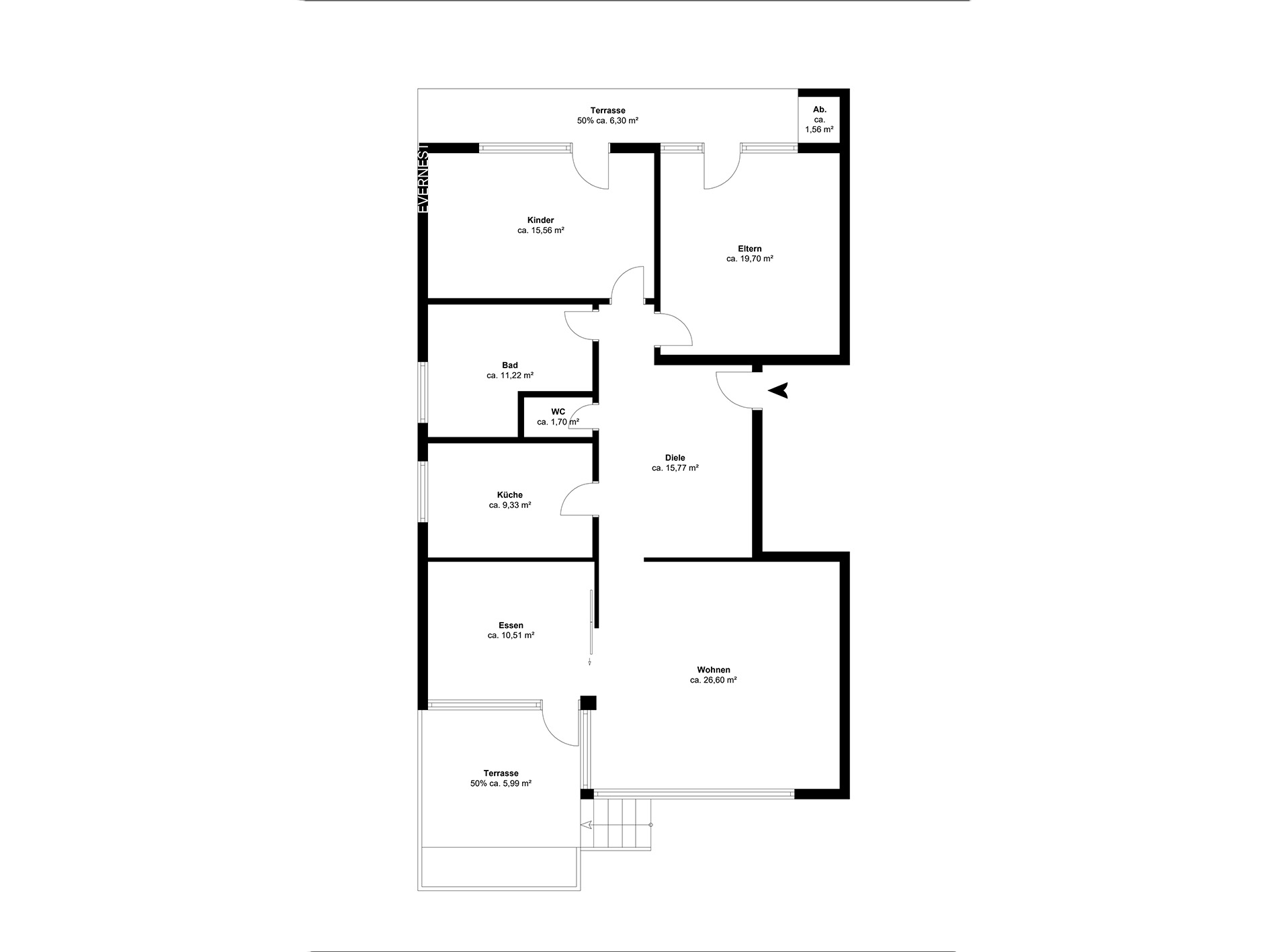 Grundriss einer Wohnung mit Kinderzimmer, Schlafzimmer, Bad, WC, Küche, Esszimmer, Wohnzimmer und zwei Terrassen.
