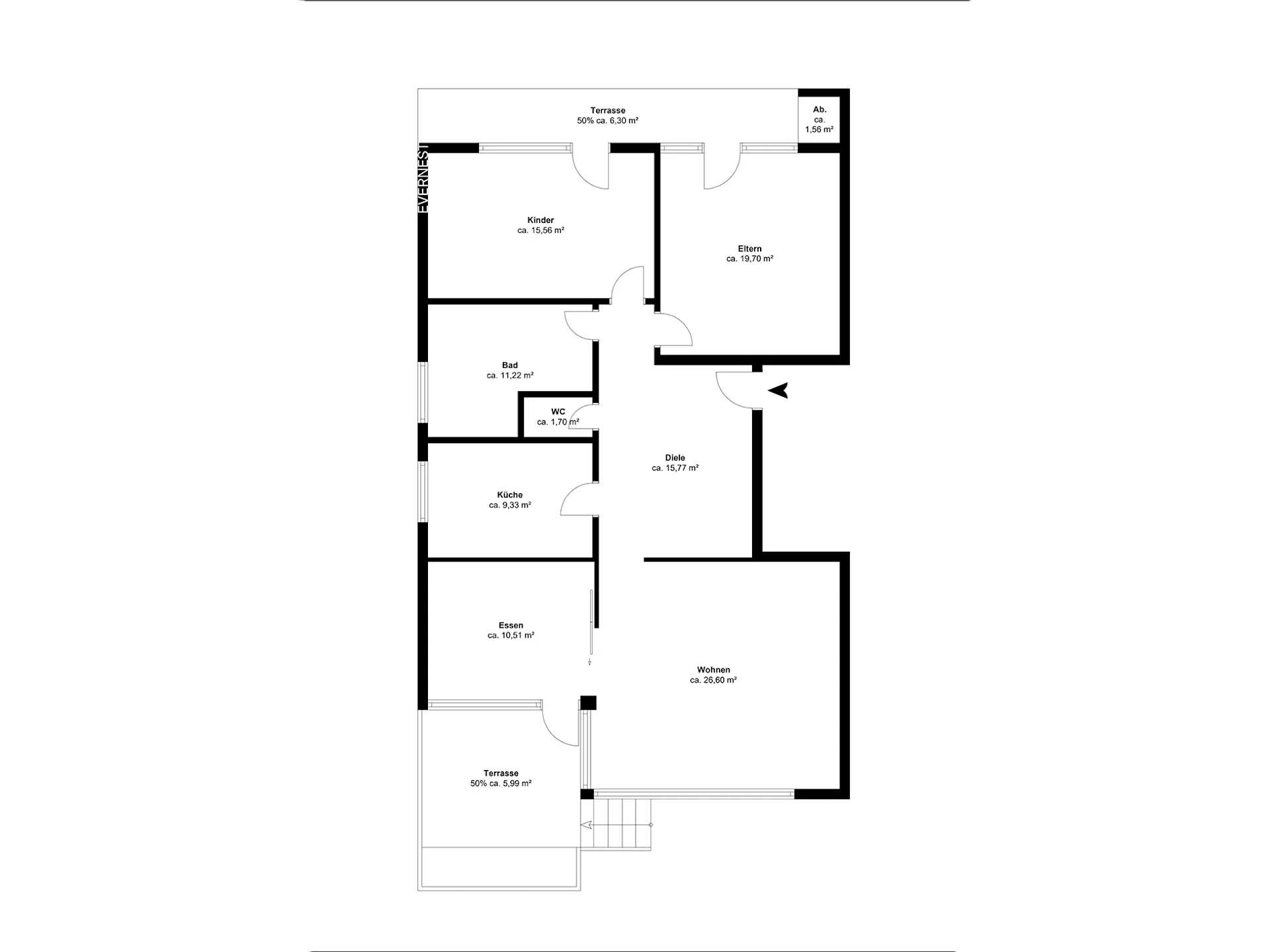 Grundriss einer Wohnung mit Kinderzimmer, Schlafzimmer, Bad, WC, Küche, Esszimmer, Wohnzimmer und zwei Terrassen.