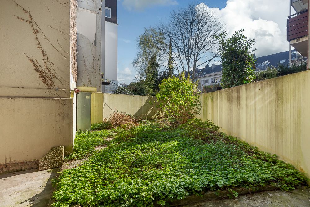 Kleiner, ummauerter Garten mit Büschen und viel Grün an einem Wohngebäude.