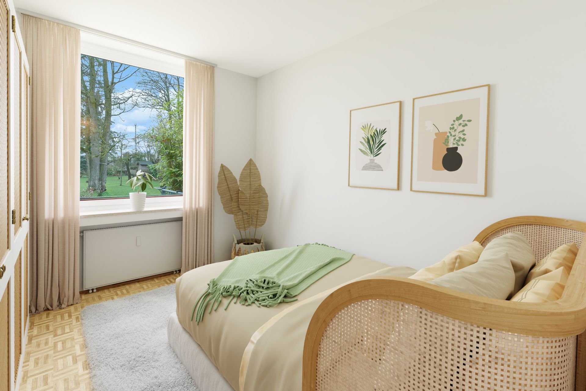 Helles Schlafzimmer mit großem Fenster, Holzbett, Bildern an der Wand und Pflanze auf dem Fensterbrett.