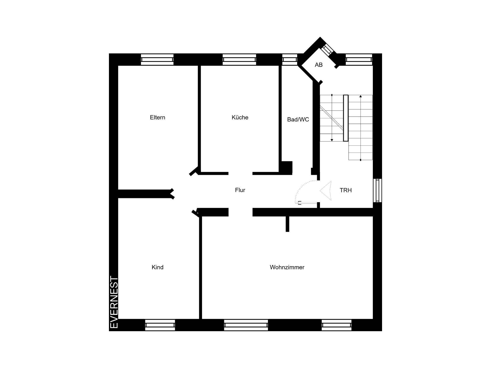 Grundriss mit Zimmern: Eltern, Kind, Küche, Wohnzimmer, Bad/WC, Flur und Abstellraum.
