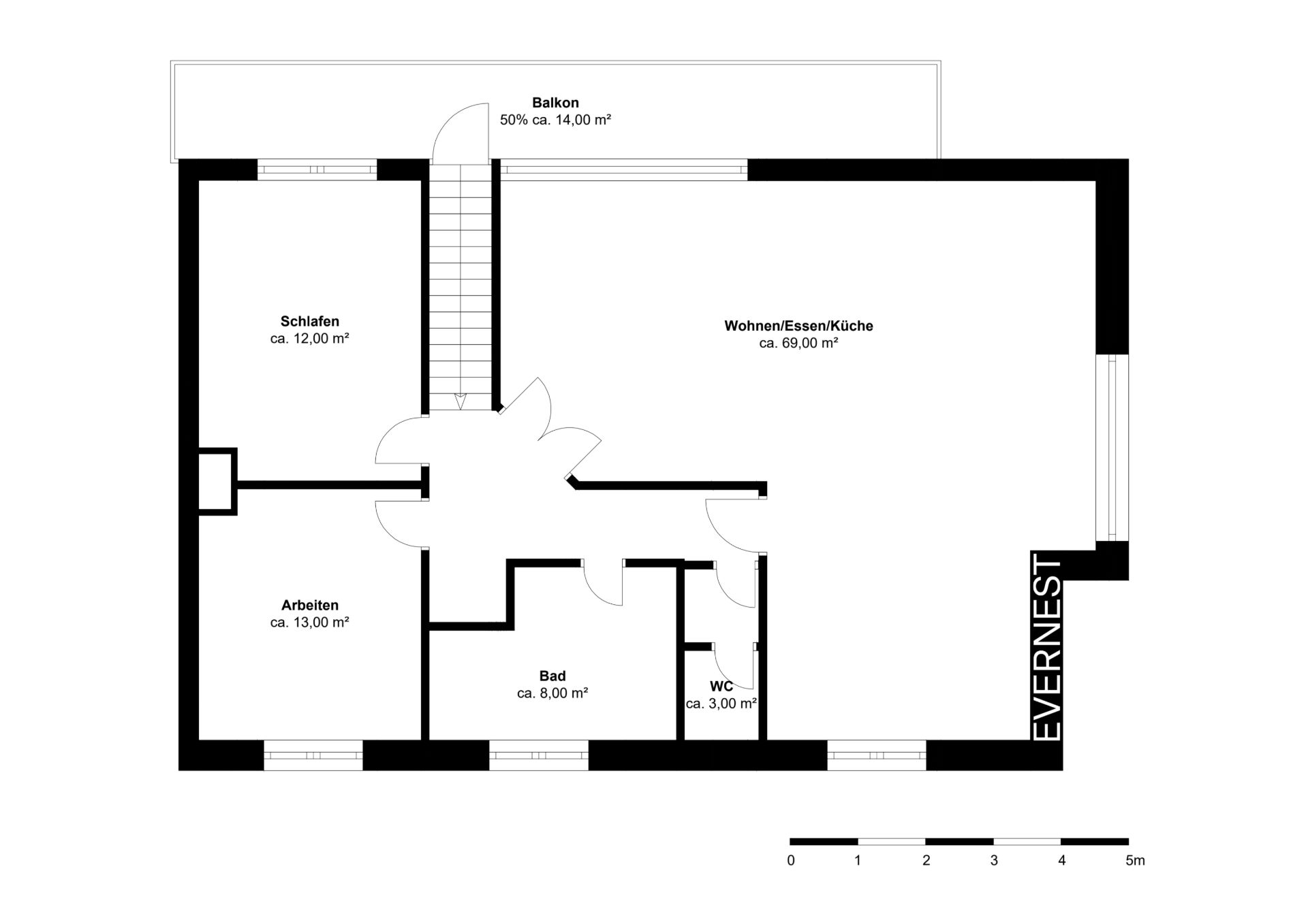 Grundriss einer Wohnung mit Schlaf-, Arbeitszimmer, Bad, WC, Wohnküche und Balkon.