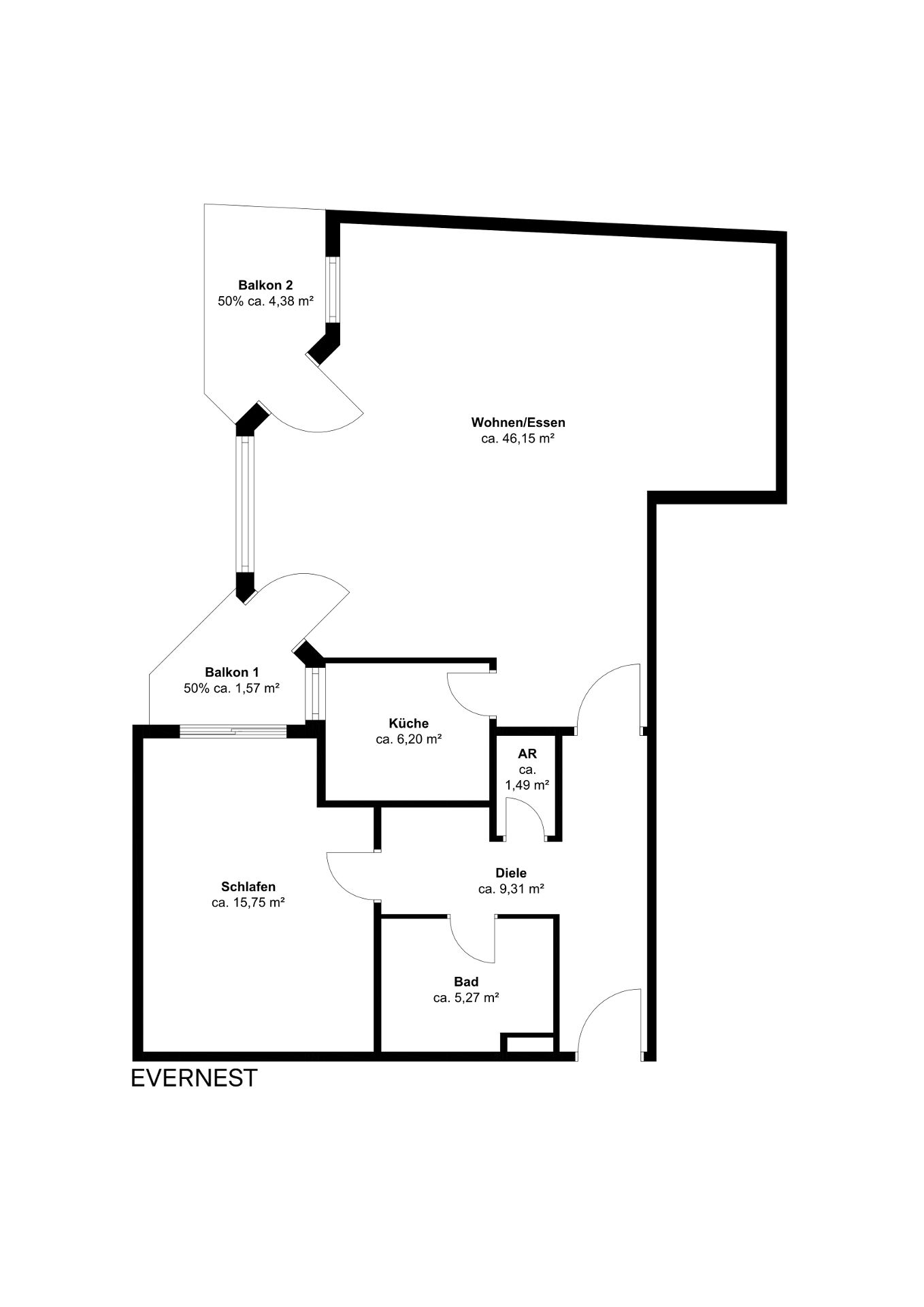 Grundriss einer Wohnung mit Wohnzimmer, Küche, Schlafzimmer, Bad, Abstellraum, Diele und zwei Balkonen.