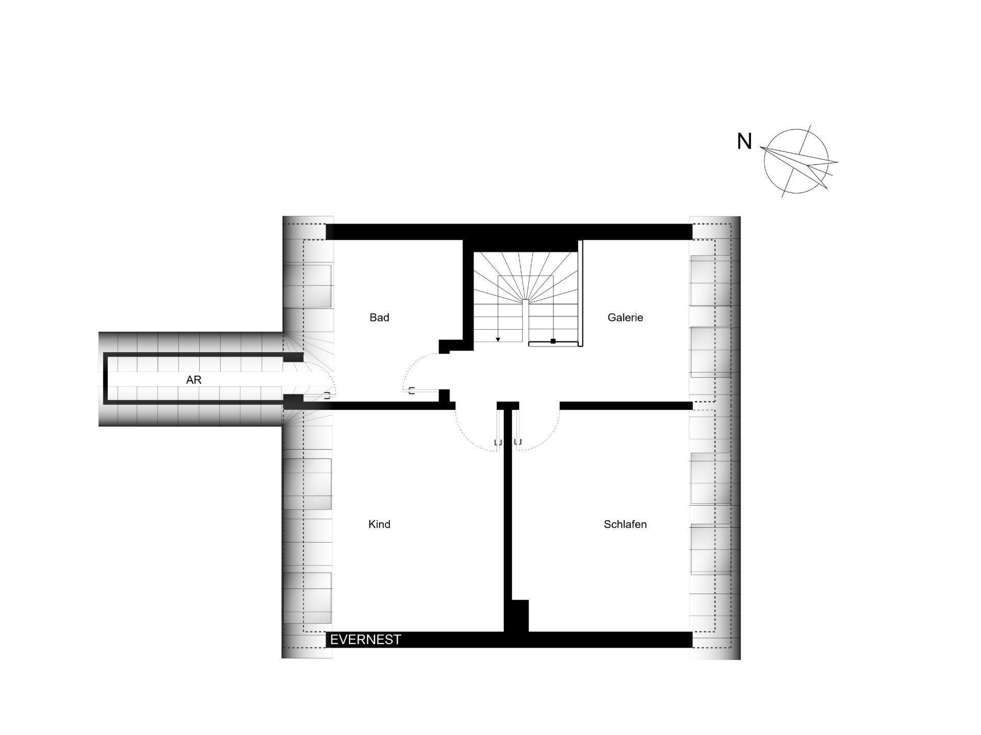 Grundriss mit Bad, Galerie, Schlafzimmer, Kinderzimmer und Abstellraum.