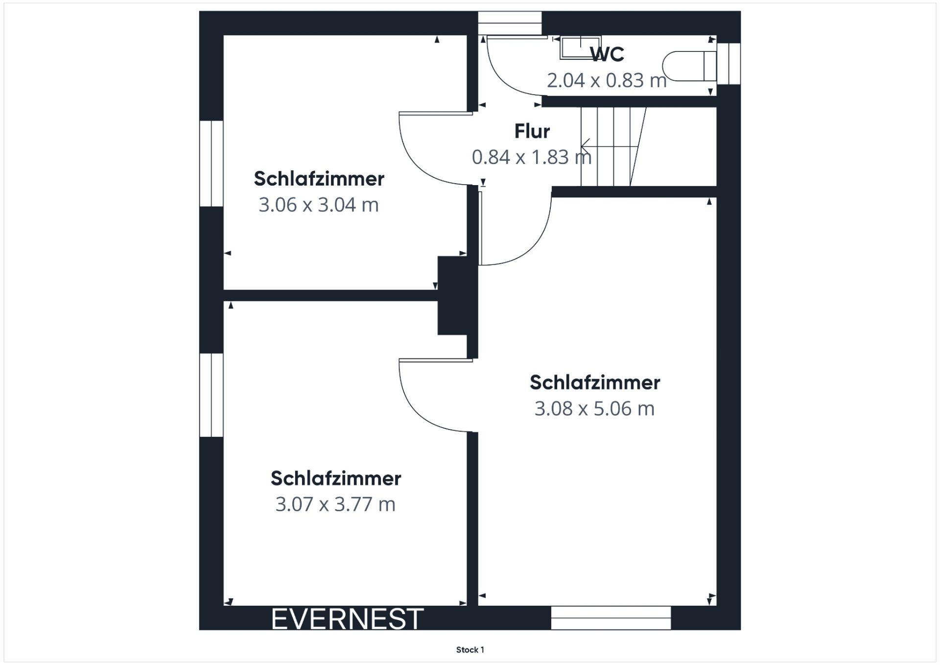 Grundriss mit drei Schlafzimmern, Flur und WC. Raumgrößen sind angegeben.