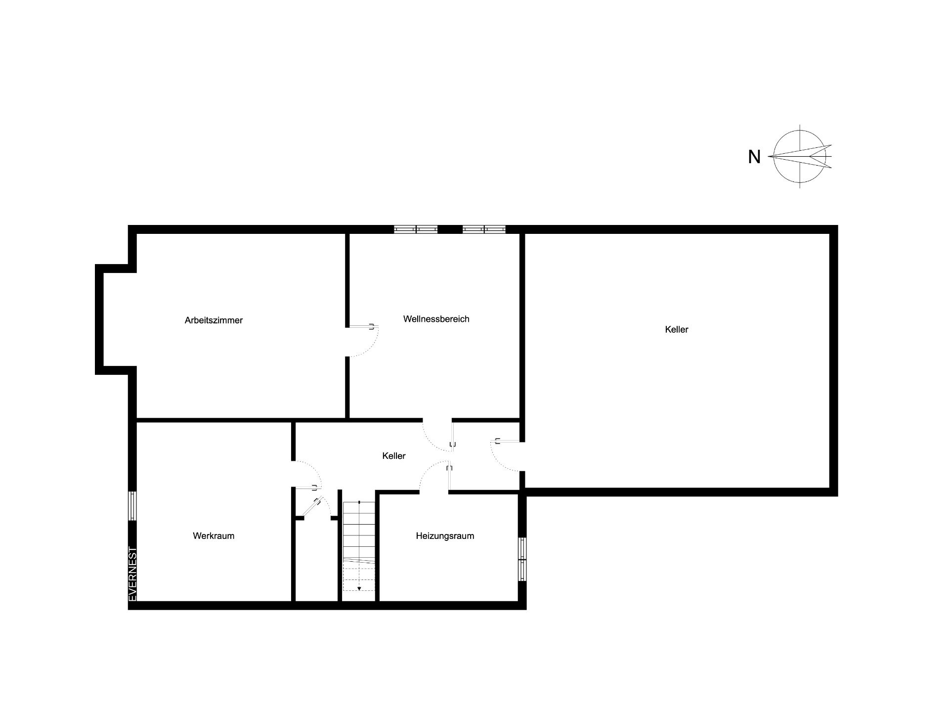 Grundriss eines Kellers mit Arbeitszimmer, Werkraum, Heizungsraum, Wellnessbereich und mehreren Kellerräumen.
