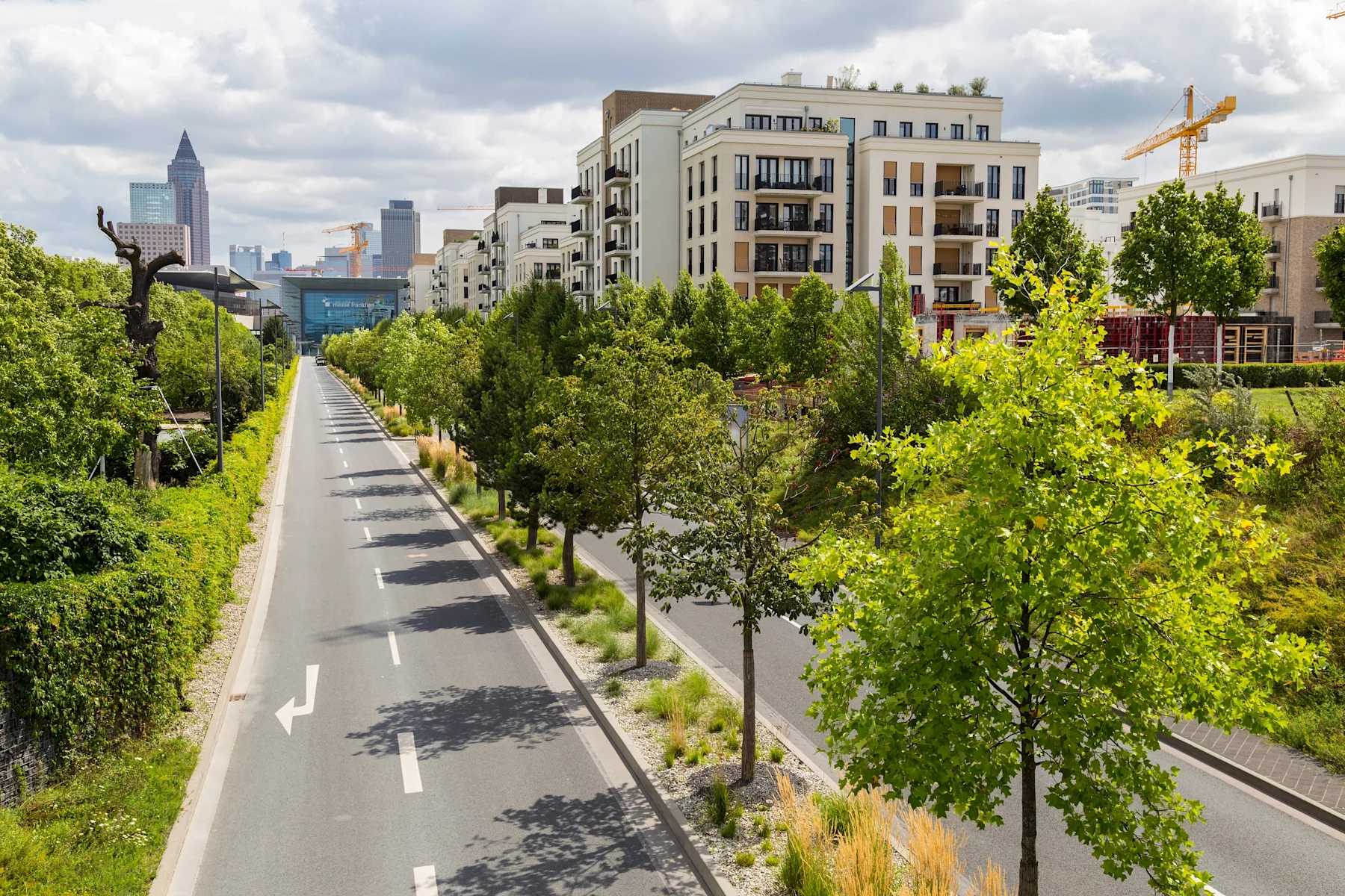 Moderne Wohngebäude an einer von Bäumen gesäumten Straße mit Blick auf die Stadt im Hintergrund.