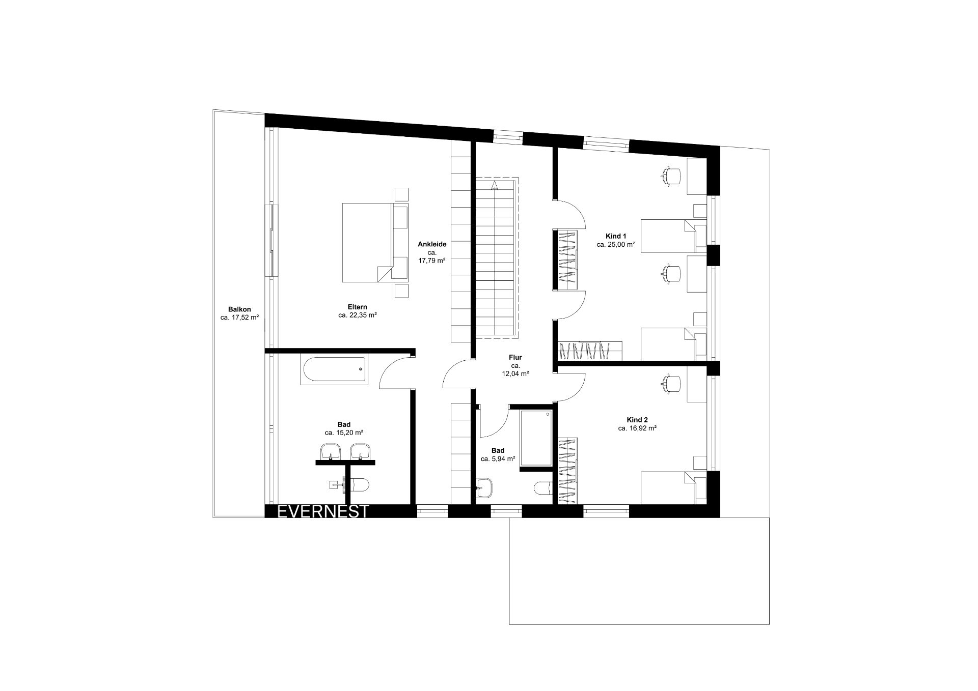 Grundriss einer Wohnung mit zwei Kinderzimmern, Schlafzimmer, Ankleide, zwei Bädern und Balkon.