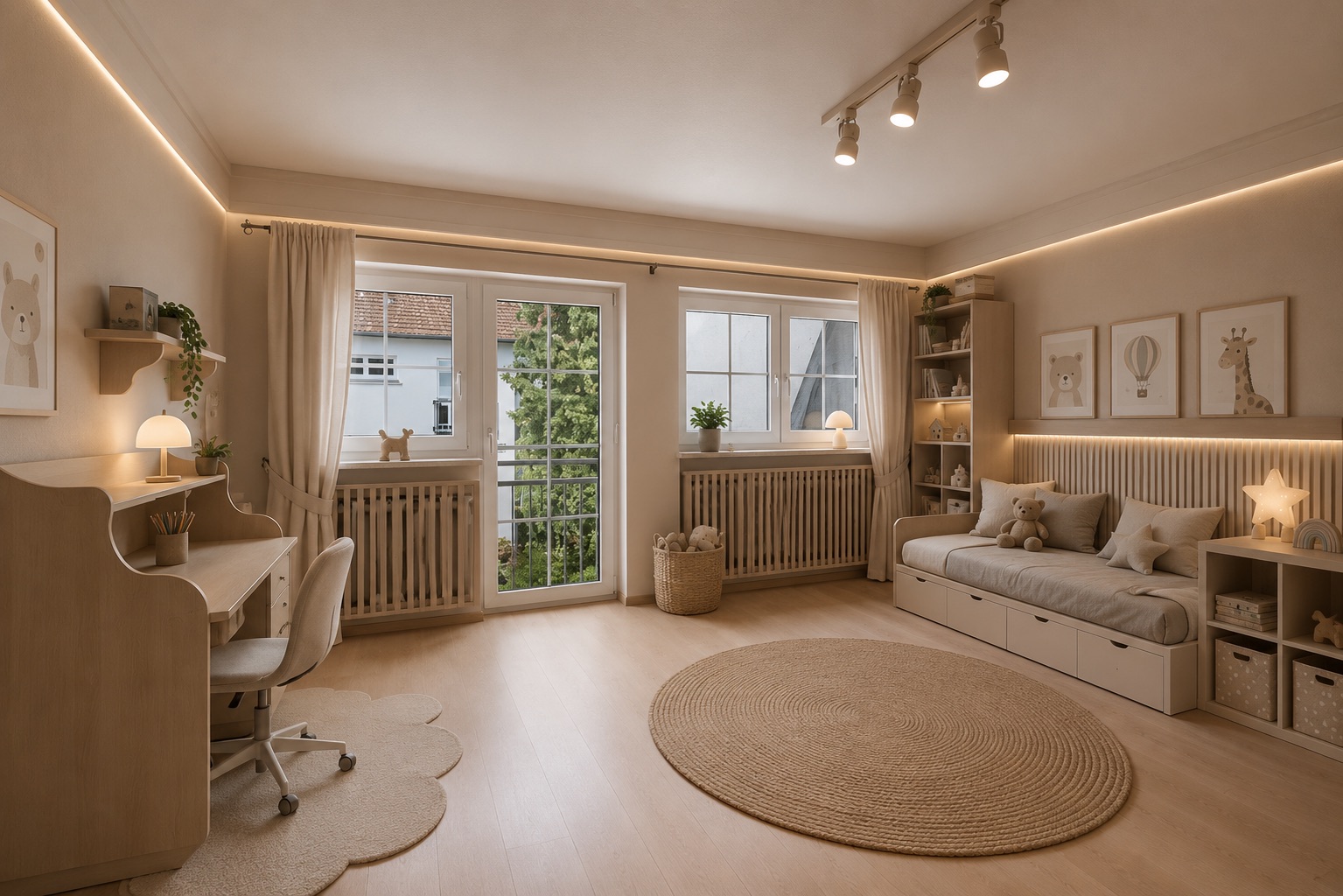 Helles Kinderzimmer mit Schreibtisch, Sofa, runder Teppich, Fenster und Regalen.