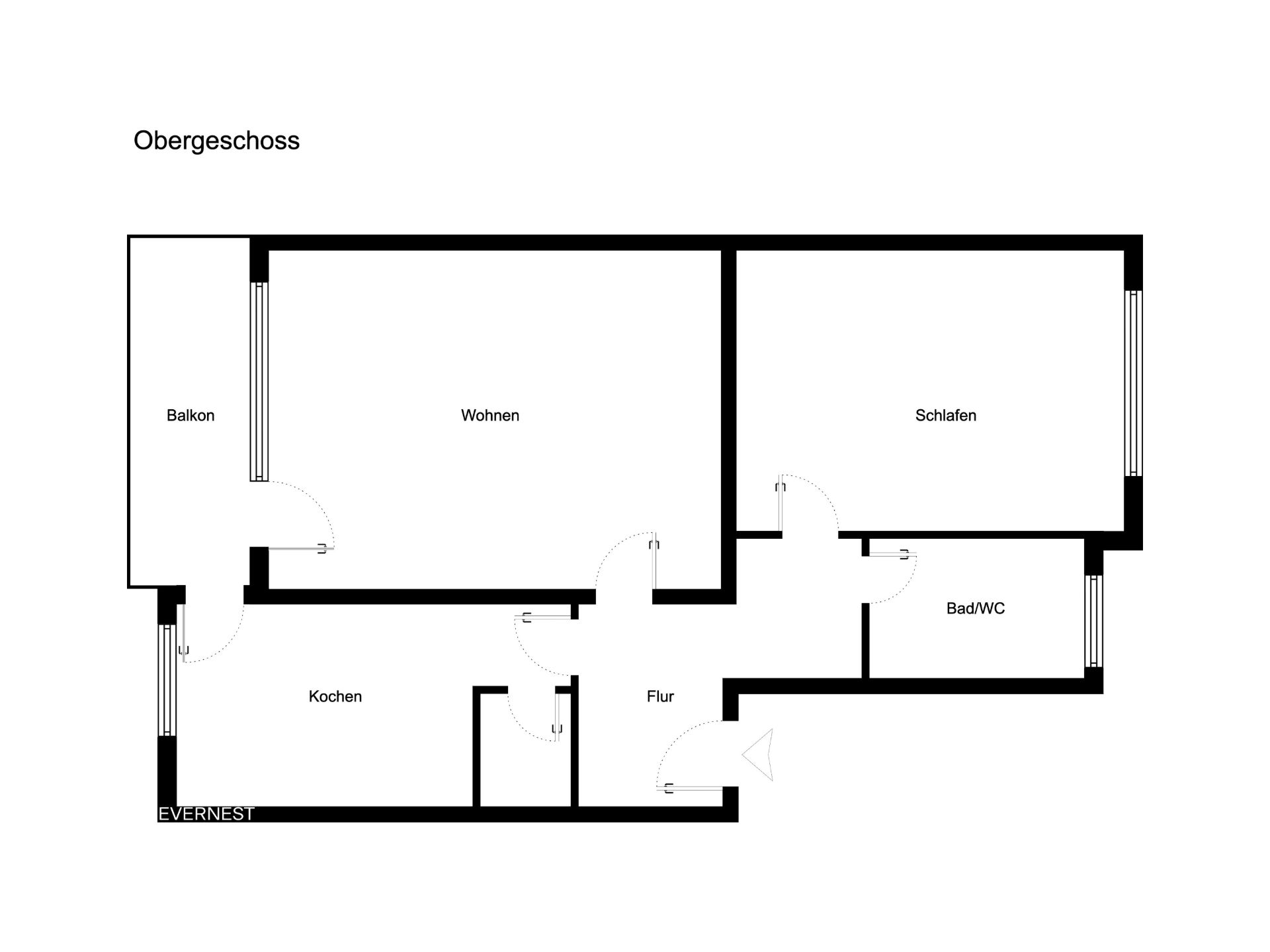 Grundriss eines Obergeschosses mit Balkon, Wohnzimmer, Schlafzimmer, Küche, Bad und Flur.