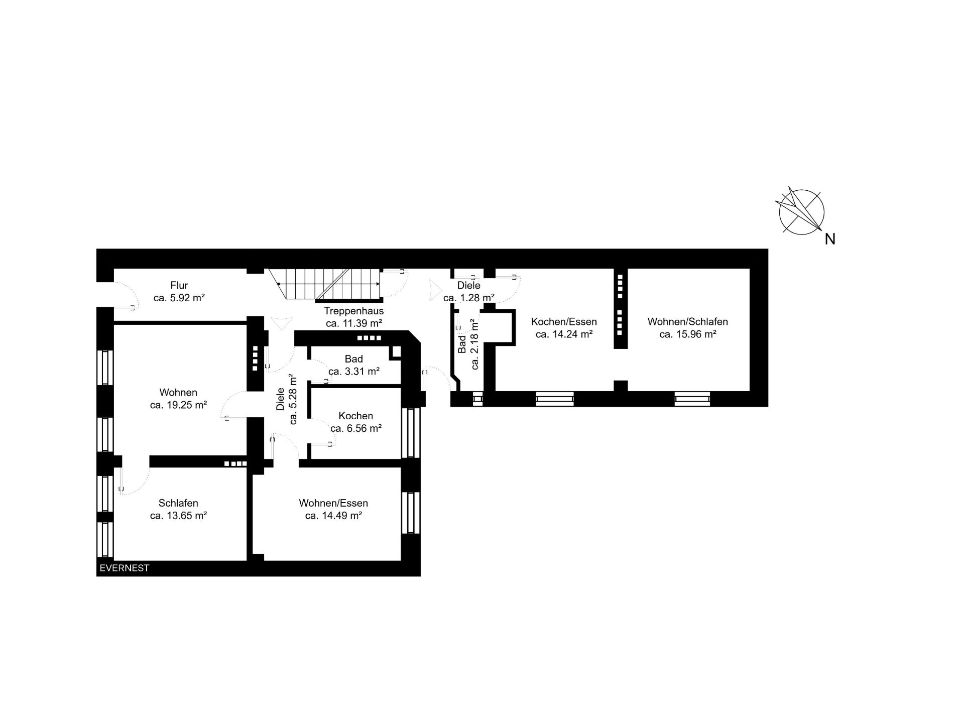 Grundriss einer Wohnung mit mehreren Zimmern, Küche, Bad und Flur, Räume mit Quadratmetern beschriftet.