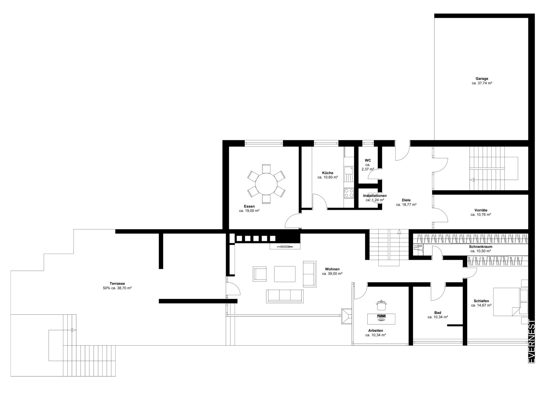 Grundriss eines Wohnhauses mit Wohnzimmer, Küche, Esszimmer, Bad, Schlafzimmer und Terrasse.