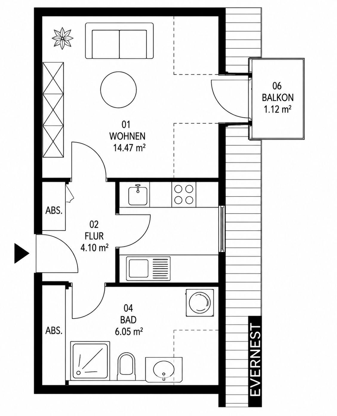 Grundriss einer Wohnung mit Wohnraum, Bad, Flur, Abstellräumen und kleinem Balkon.