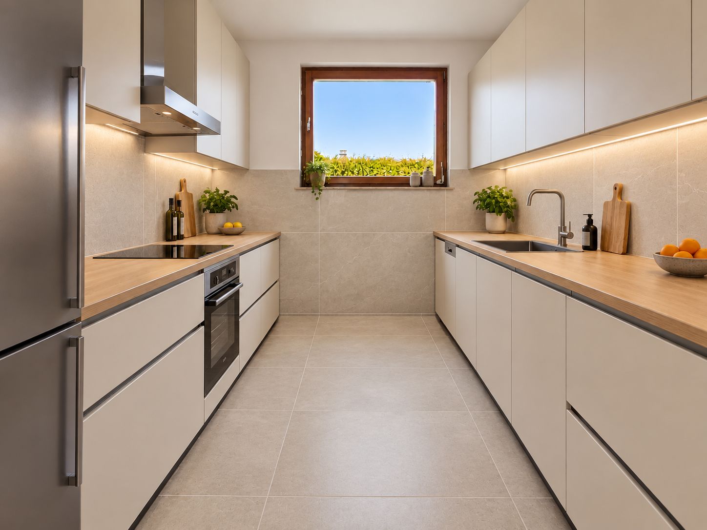 Moderne, helle Küche mit Holzarbeitsplatten, großen Schränken und einem Fenster mit Blick nach draußen.