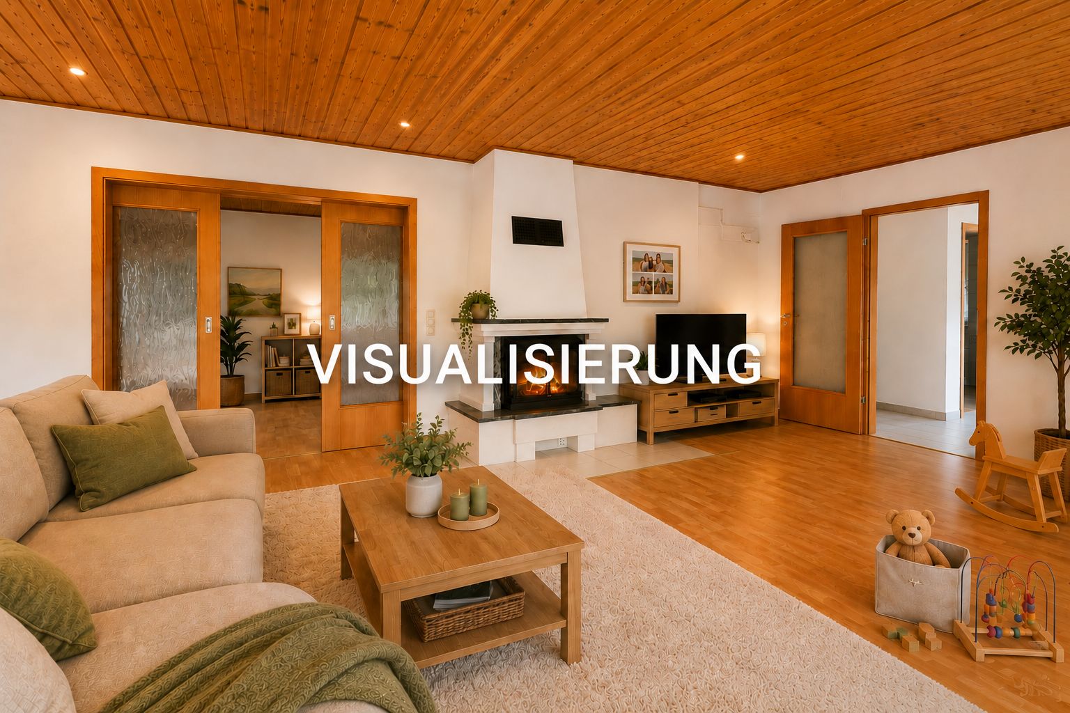 Helles Wohnzimmer mit Sofa, Kamin, Fernseher, Holzmöbeln und Spielzeug auf Holzboden.