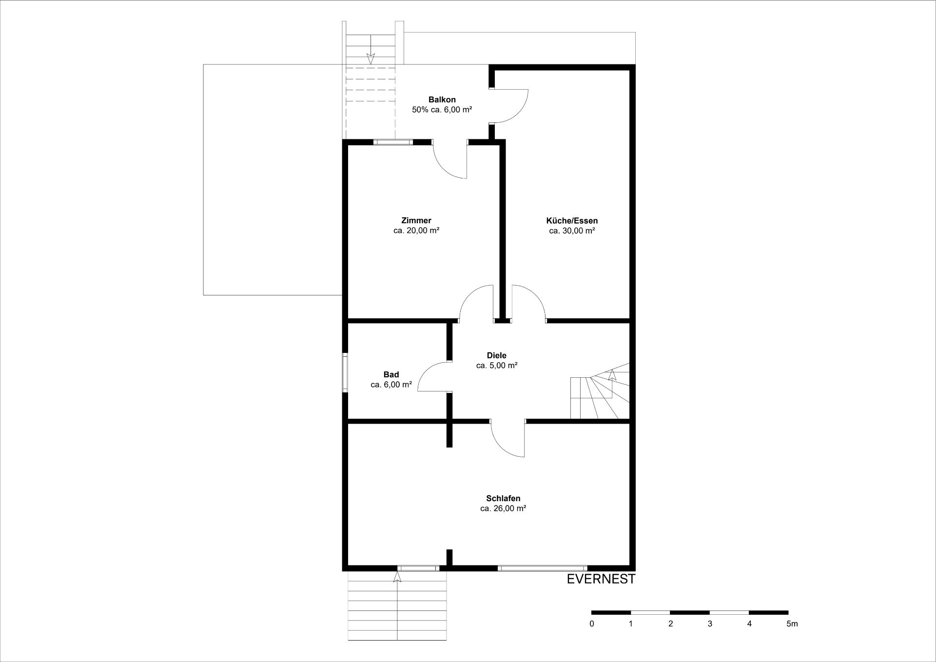 Grundriss mit Zimmer, Küche/Essen, Bad, Schlafen, Diele und Balkon.
