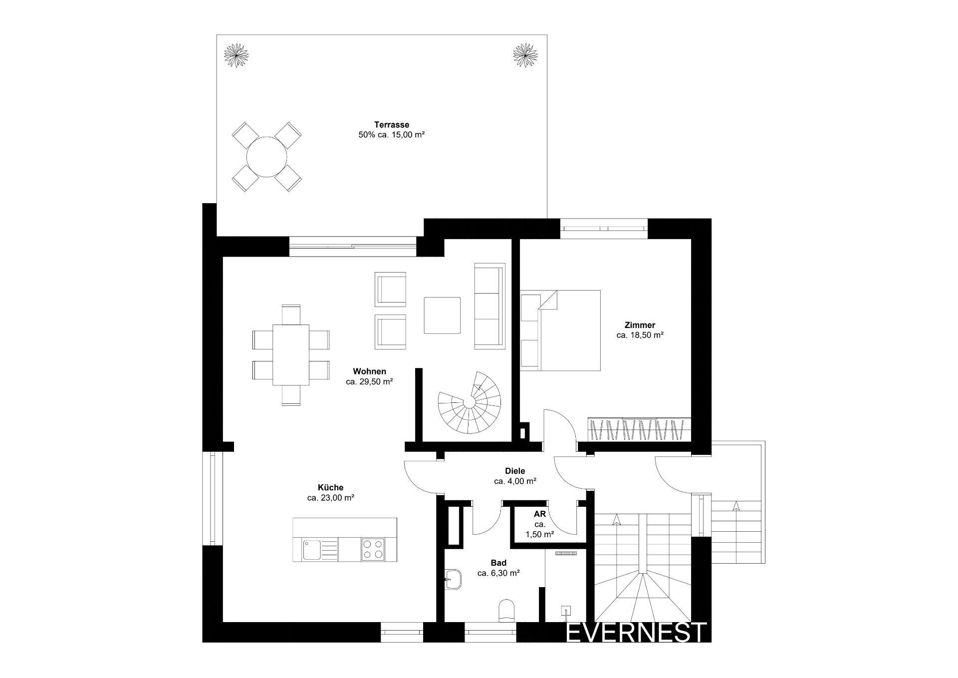 Grundriss mit Wohnzimmer, Küche, Zimmer, Bad, Diele, Abstellraum und Terrasse.