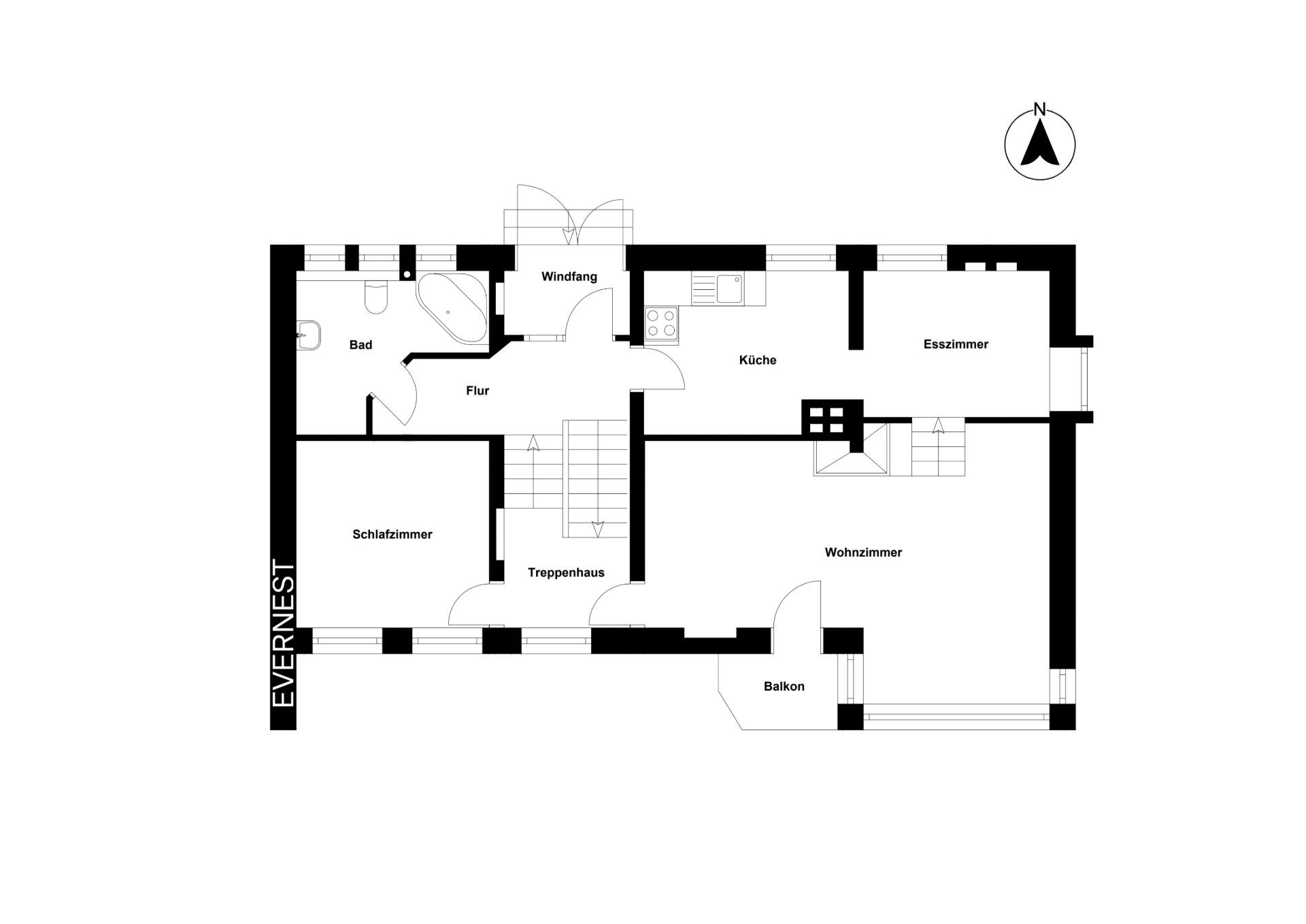 Grundriss mit Schlafzimmer, Bad, Küche, Esszimmer, Wohnzimmer, Balkon und Flur.