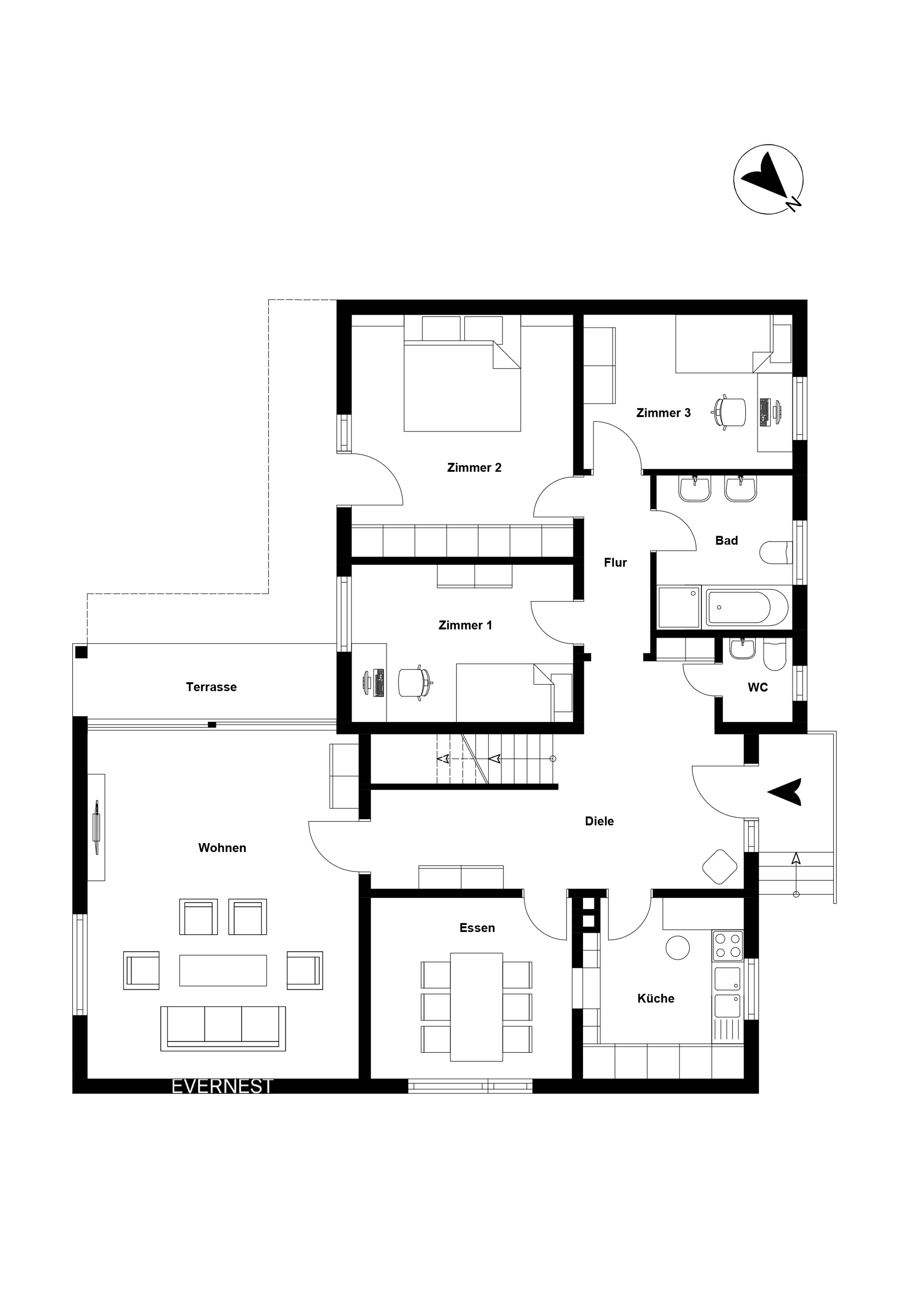 Grundriss eines Wohnhauses mit drei Zimmern, Wohnzimmer, Küche, Bad und Terrasse.