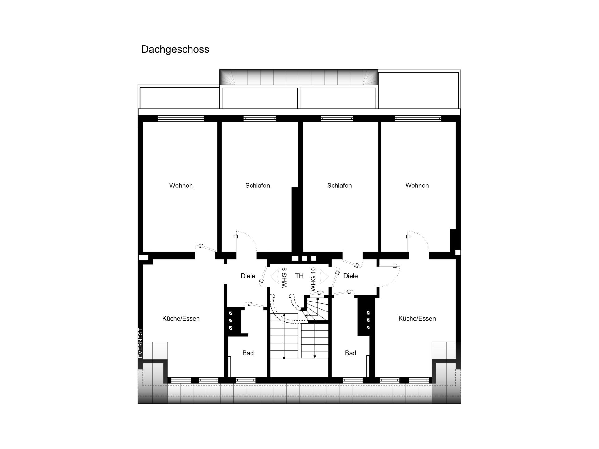 Grundriss des Dachgeschosses mit Wohn-, Schlaf-, Bad- und Küchenbereichen.