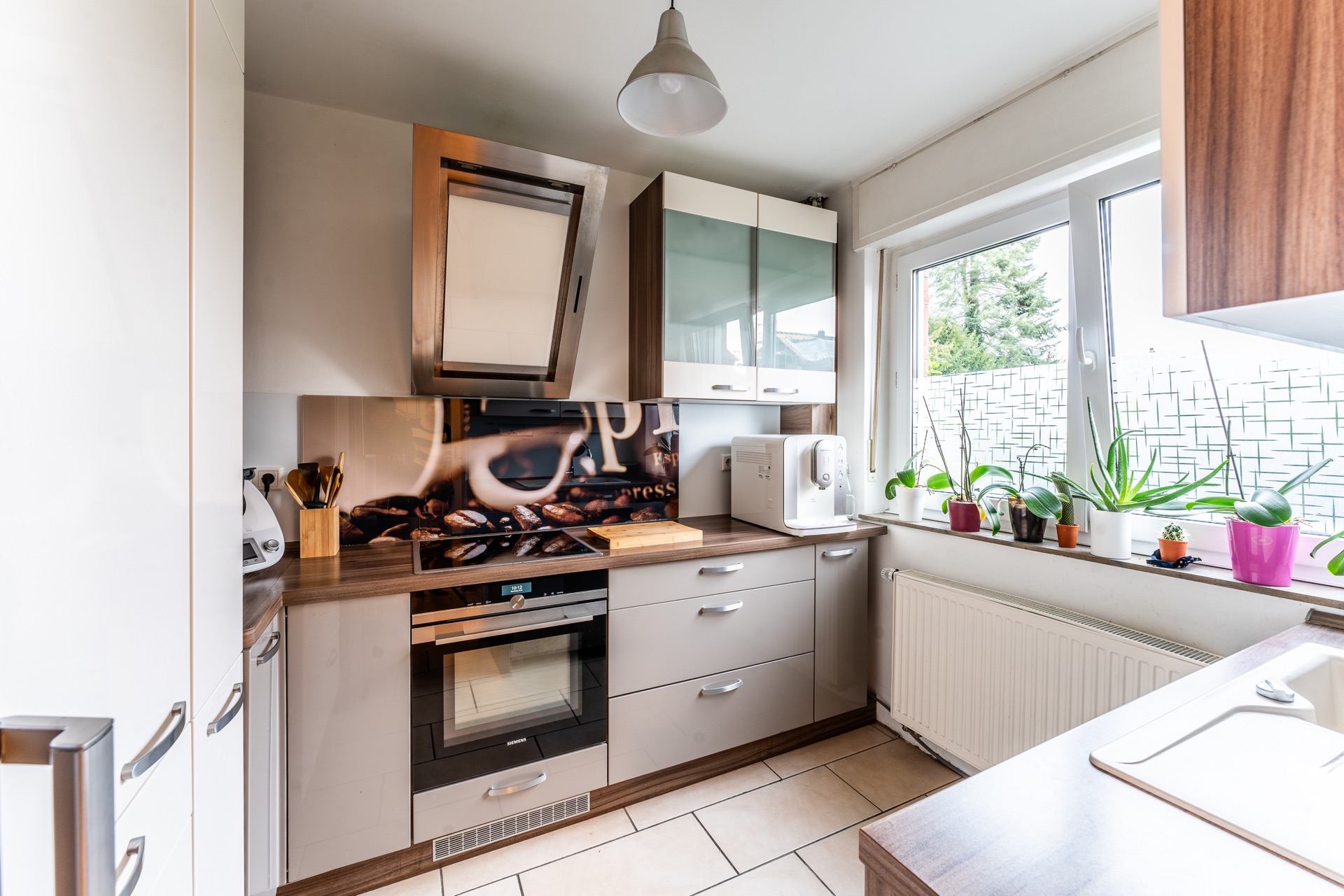 Moderne Küche mit Herd, Ofen, weißen Schränken und vielen Pflanzen am Fensterbrett.