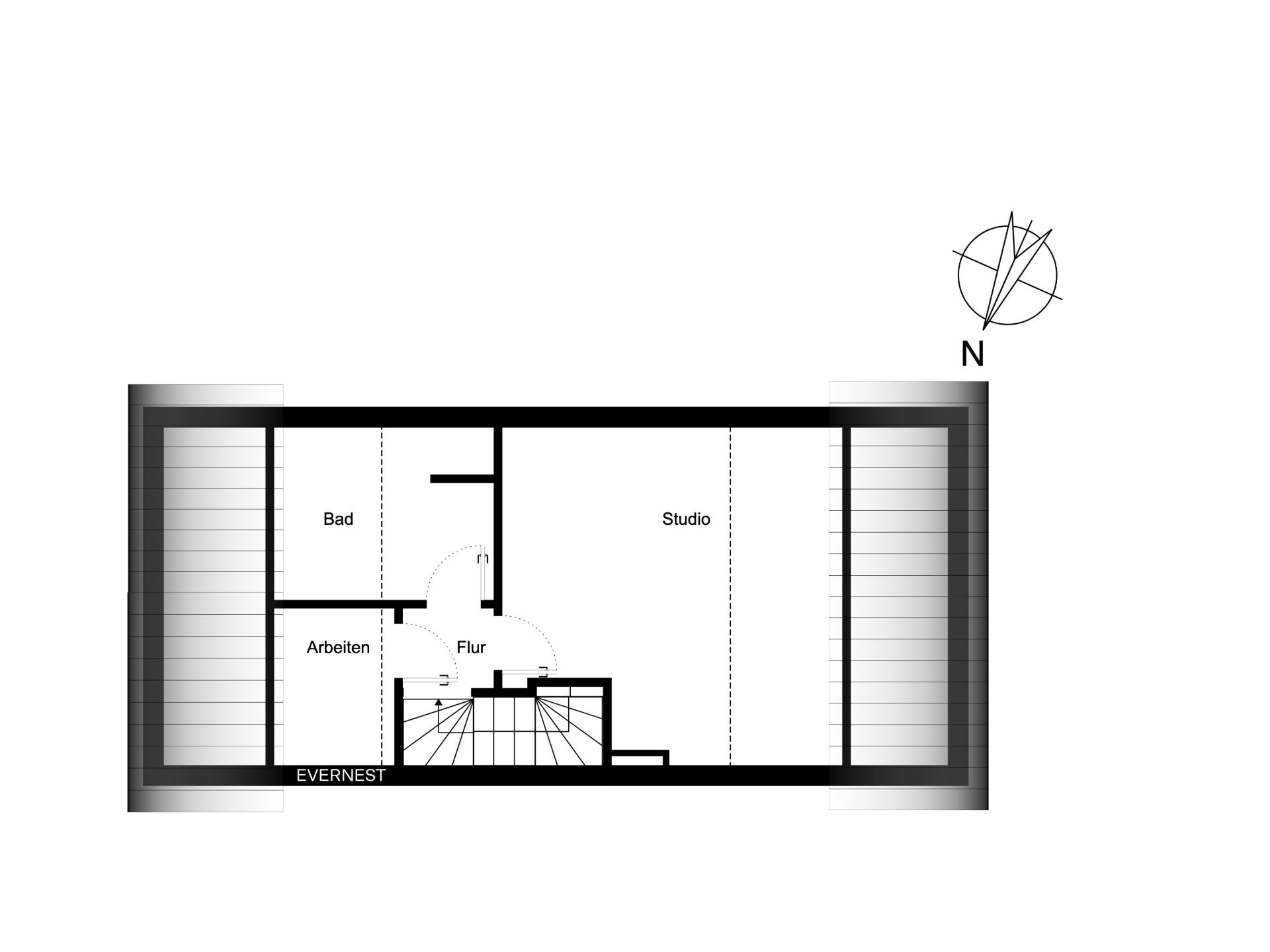 Grundriss mit Bad, Arbeitszimmer, Flur, Studio und zwei Balkonen.