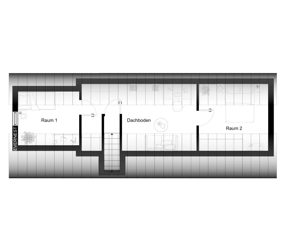Grundriss mit zwei Räumen und Dachboden, mittig eine Treppe.