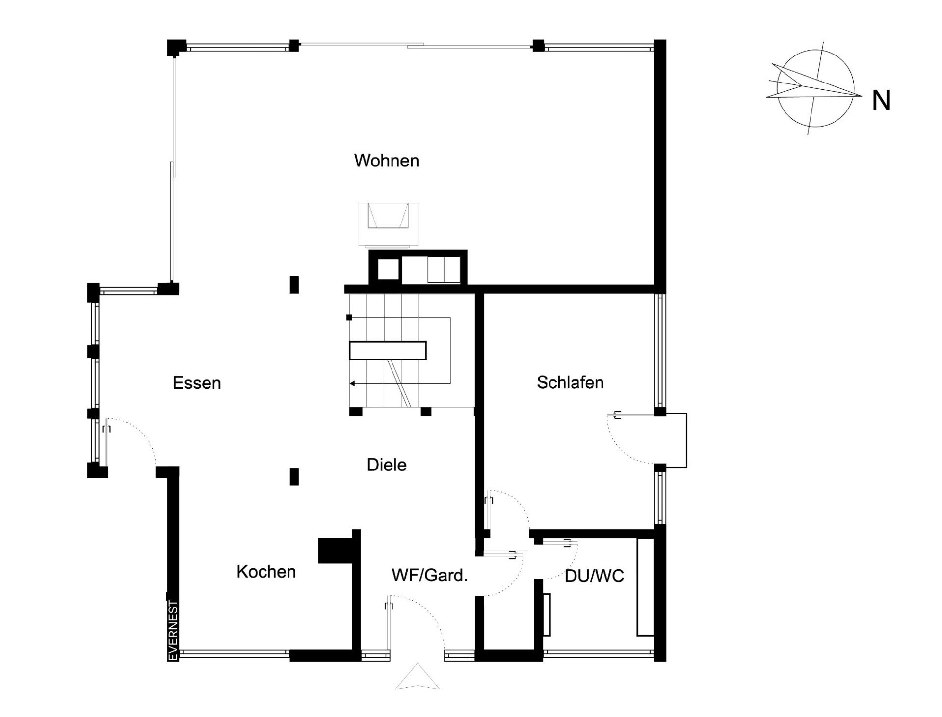 Grundriss mit Räumen: Wohnen, Essen, Kochen, Schlafen, Diele, WC und Garderobe.