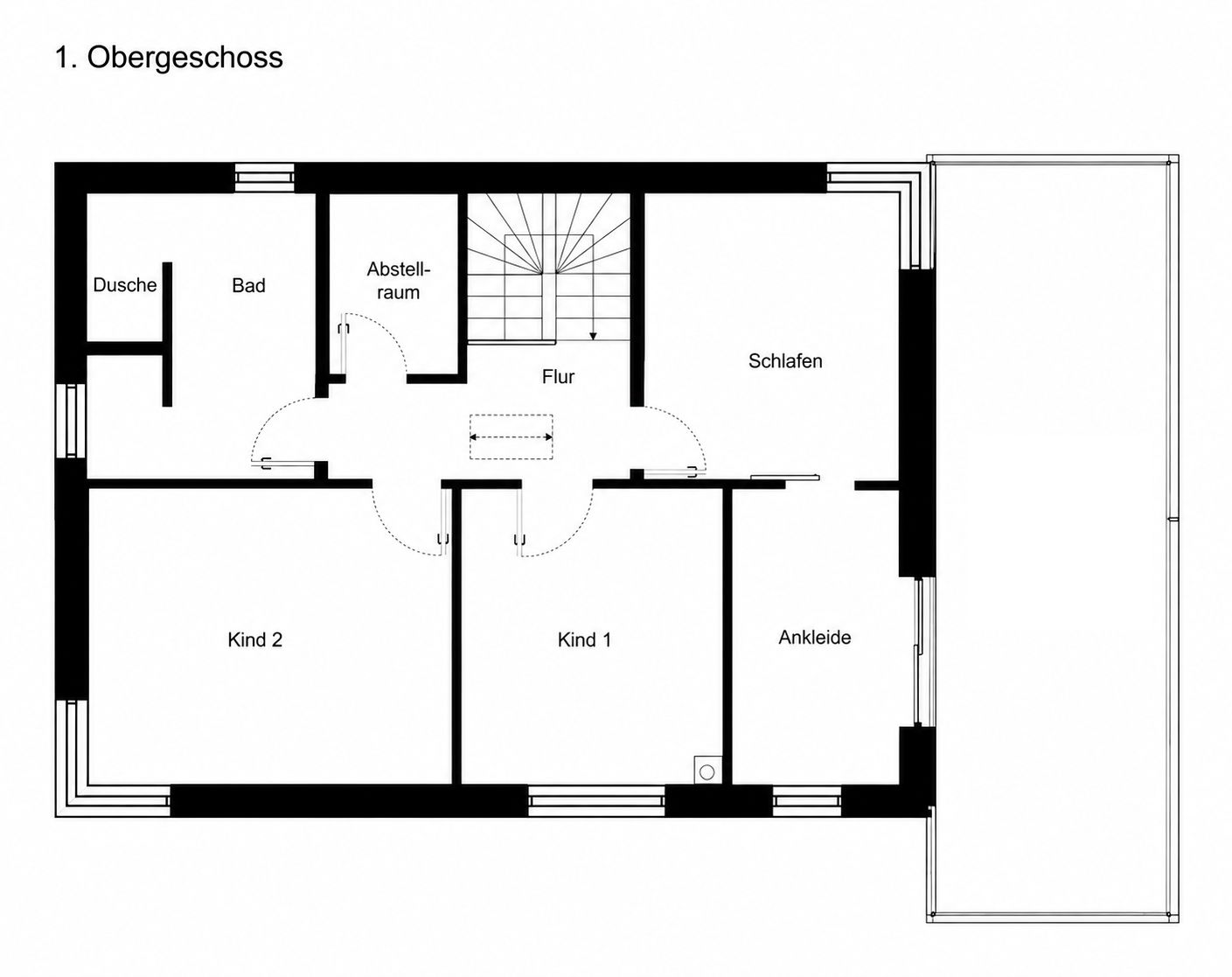 Grundriss des ersten Obergeschosses mit Flur, Schlafzimmer, zwei Kinderzimmern, Bad, Dusche und Abstellraum.
