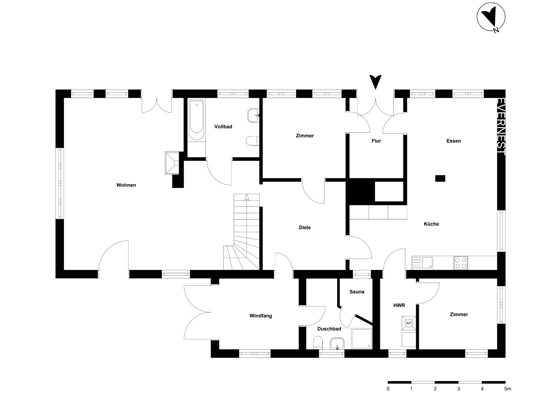 Grundriss eines Hauses mit Küche, Wohnbereich, Bad, Zimmern, Sauna und HWR.