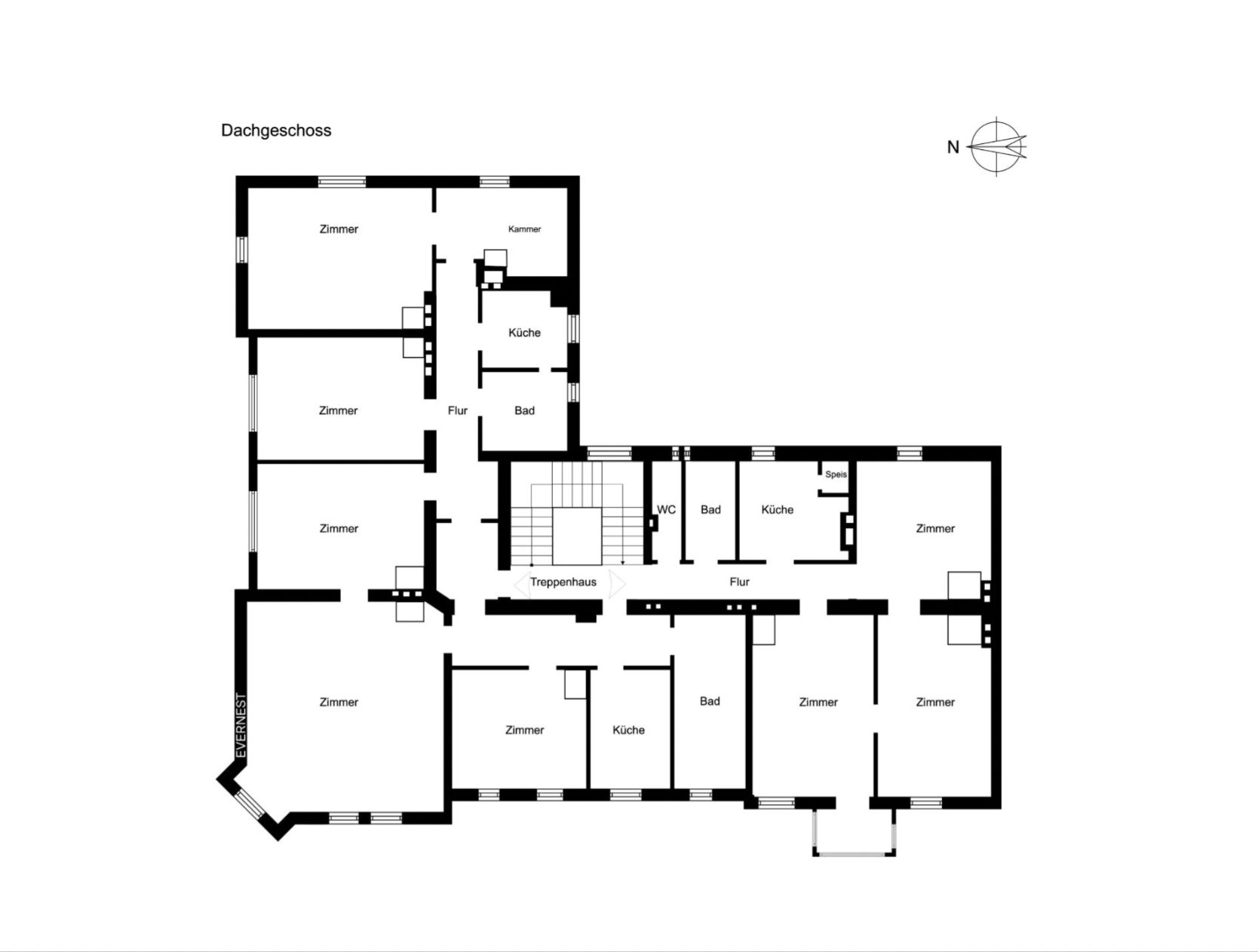 Grundriss eines Dachgeschosses mit mehreren Zimmern, Küchen, Bädern und Fluren.