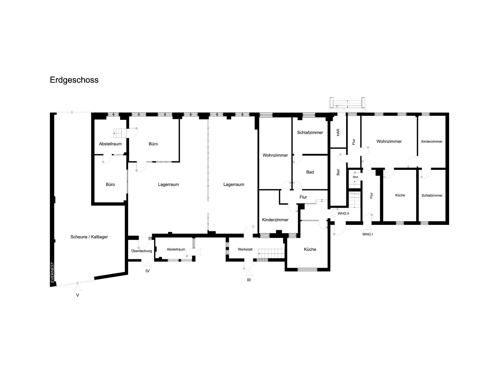Grundriss des Erdgeschosses mit Schlafzimmern, Wohnzimmern, Küchen, Lagerräumen und Büros.