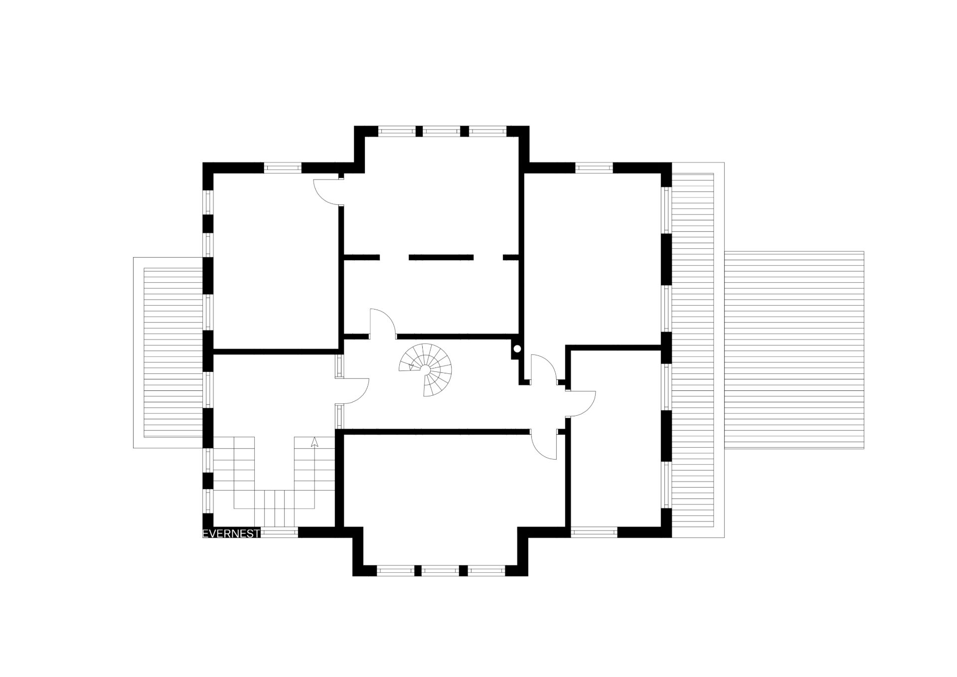 Grundriss mit mehreren Zimmern, Flur und einer Treppe in der Mitte.