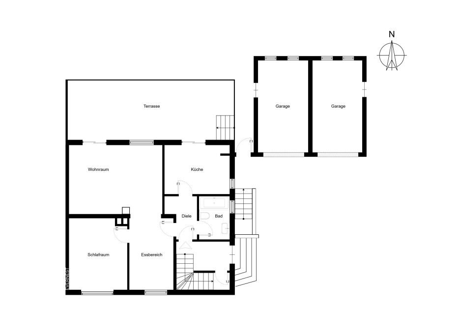 Grundriss eines Wohnhauses mit Terrasse, Wohnräumen, Bad, Küche und Doppelgarage.