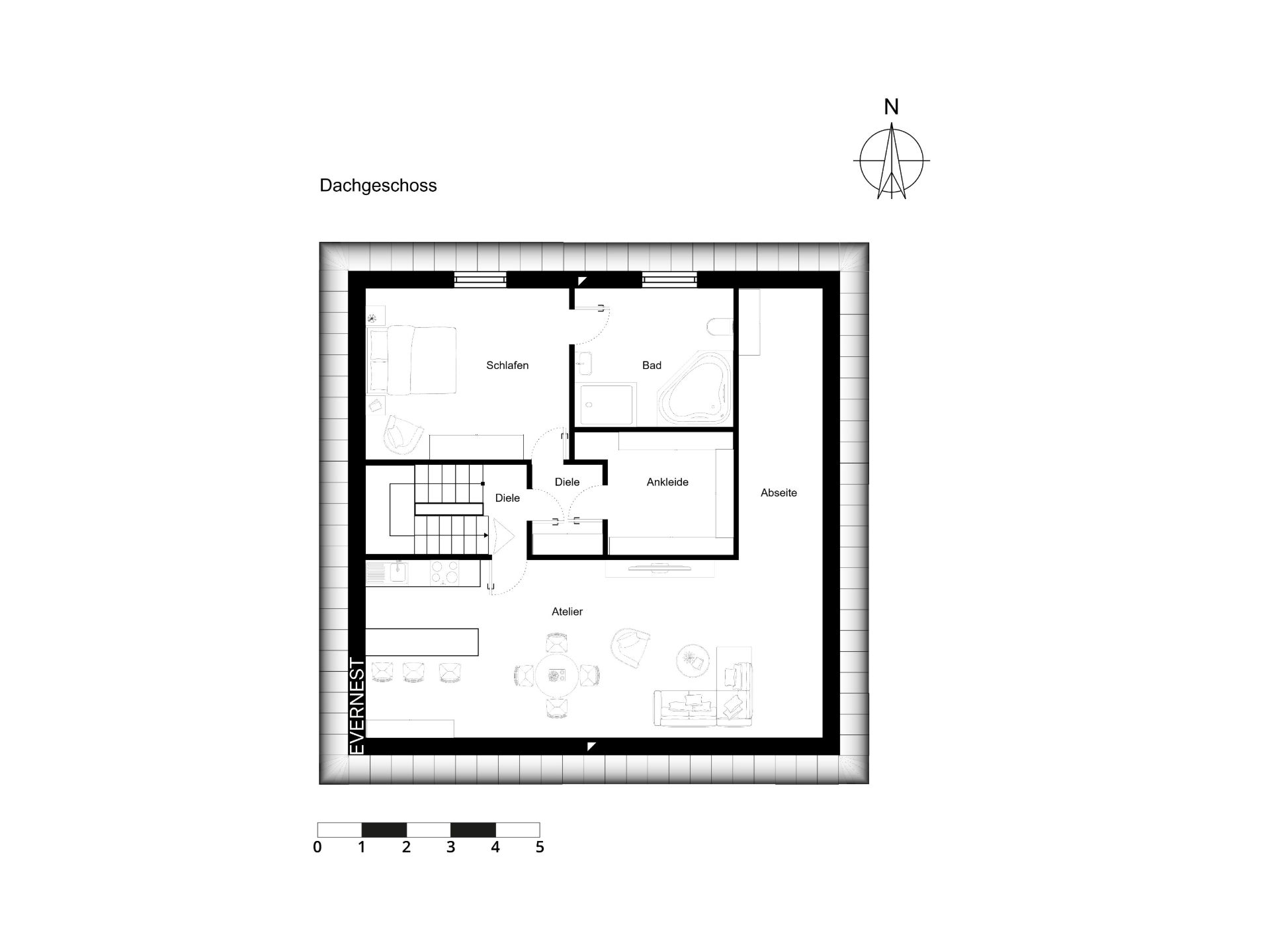Grundriss eines Dachgeschosses mit Schlafzimmer, Bad, Ankleide, Abstellraum und Atelier.
