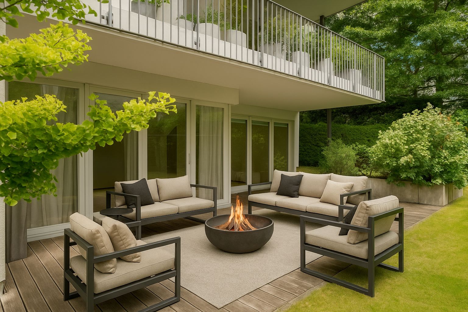 Moderne Terrasse mit Sitzgruppe und Feuerschale, umgeben von Pflanzen und Grünfläche.