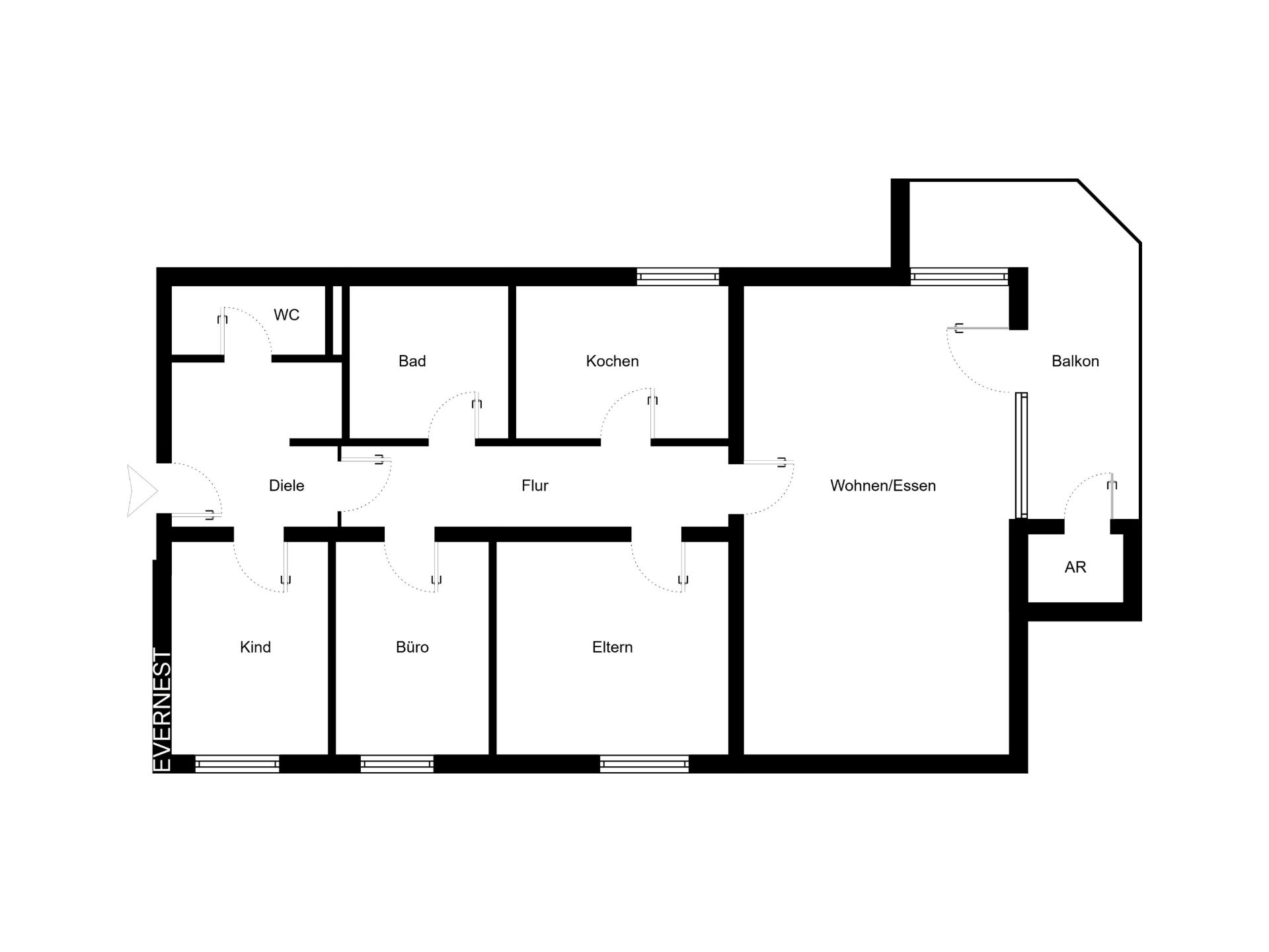 Grundriss einer Wohnung mit Zimmern, Küche, Bad, WC, Balkon und Abstellraum.