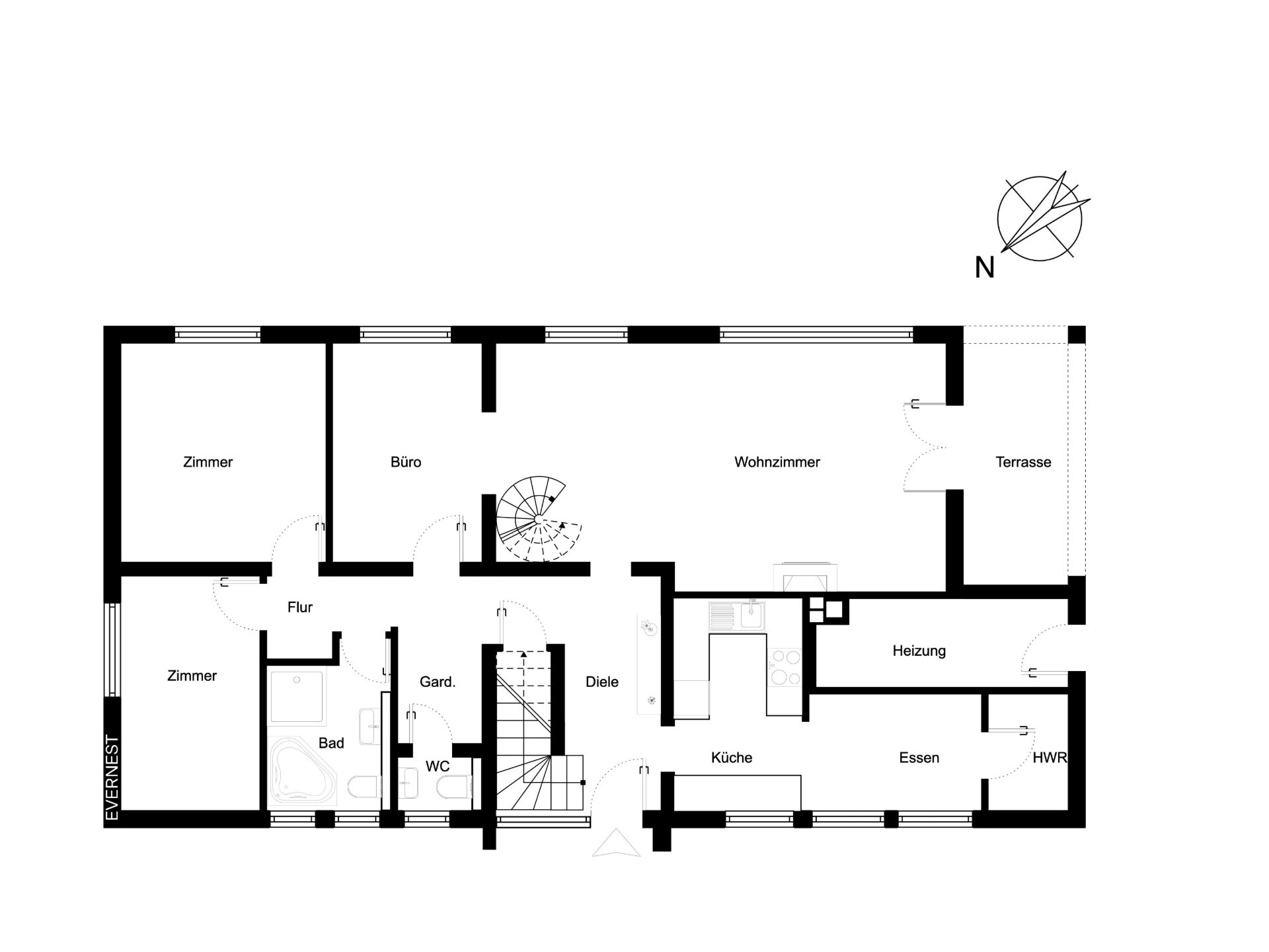 Grundriss einer Wohnung mit Zimmern, Küche, Bad, Wohnzimmer, Terrasse und Essbereich.