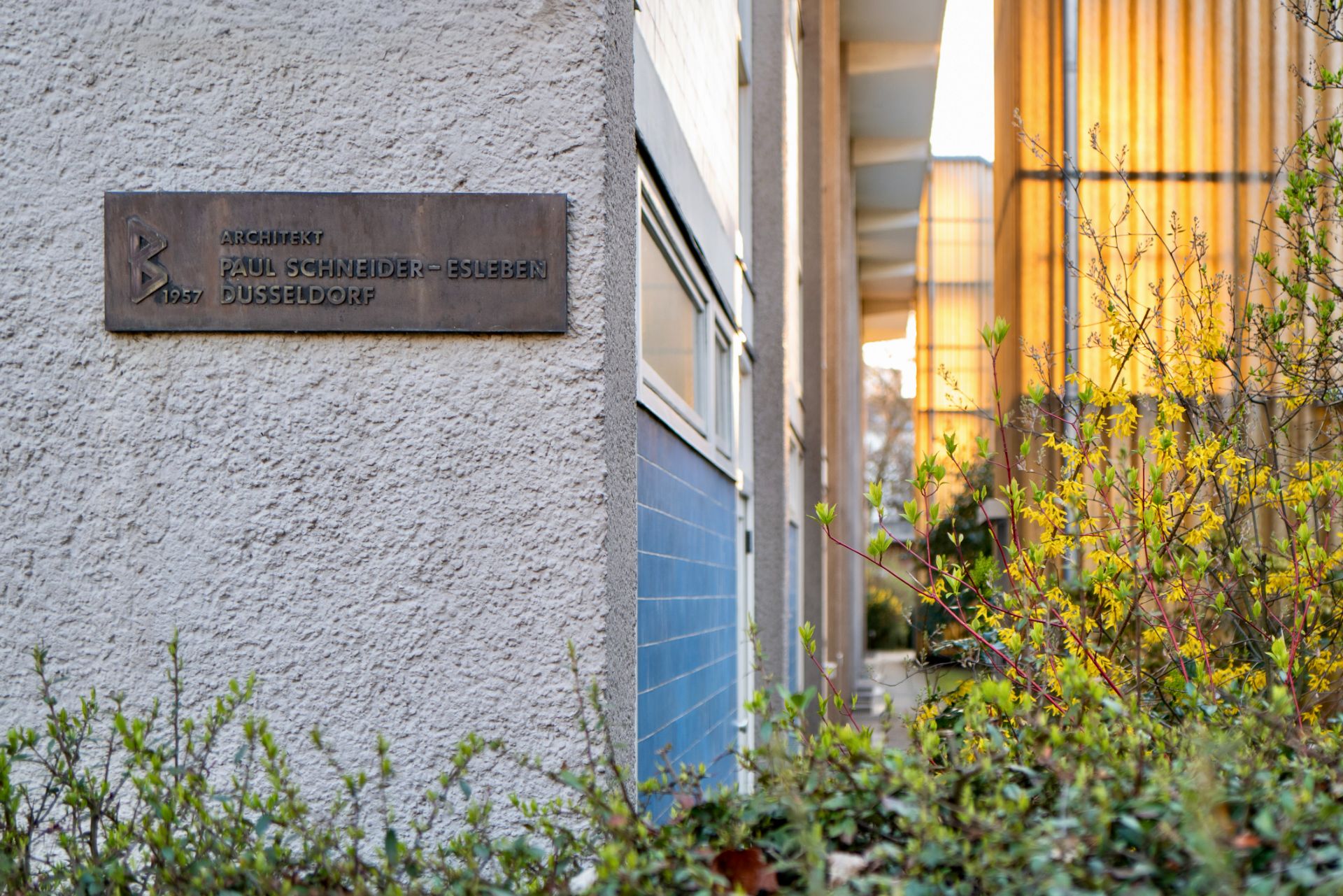 Eingangsbereich eines Wohngebäudes mit Namensschild an der Wand und Pflanzen im Vordergrund.