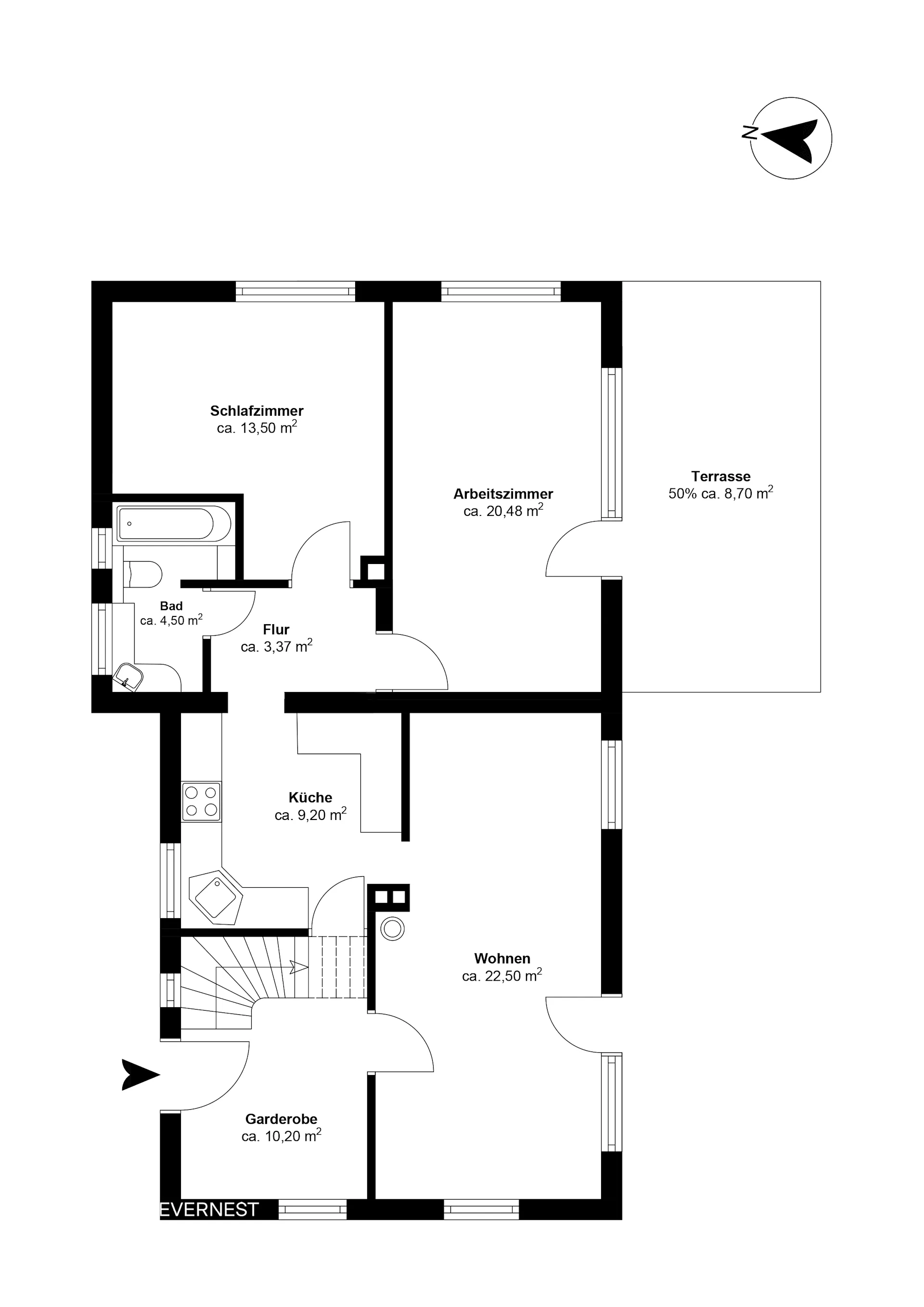 Grundriss einer Wohnung mit Schlafzimmer, Arbeitszimmer, Küche, Bad, Wohnzimmer, Flur und Terrasse.