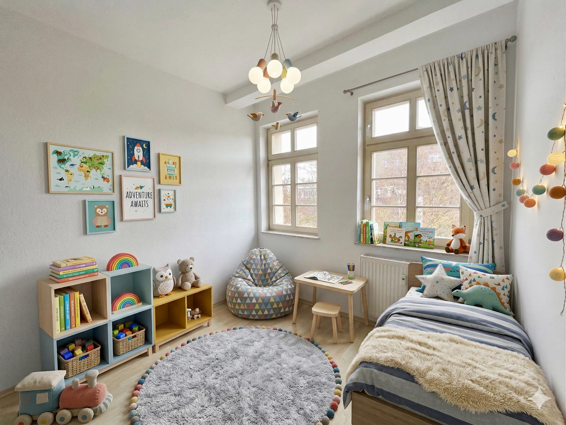Helles Kinderzimmer mit Einzelbett, Spielzeugregal, Teppich, Sitzsack und kleinem Tisch vor zwei Fenstern.
