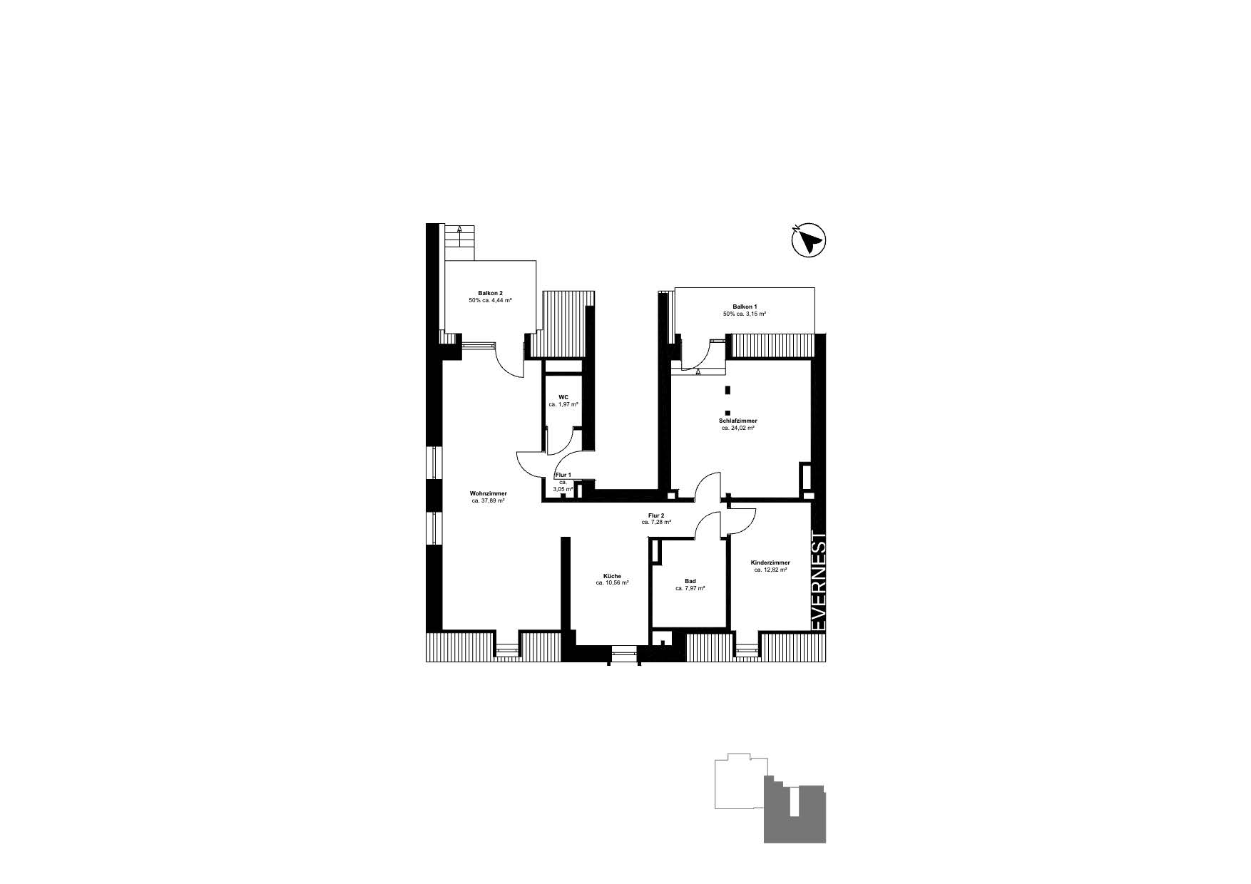 Grundriss einer Wohnung mit Wohnzimmer, Schlafzimmer, Kinderzimmer, Küche, Bad, WC und zwei Balkonen.