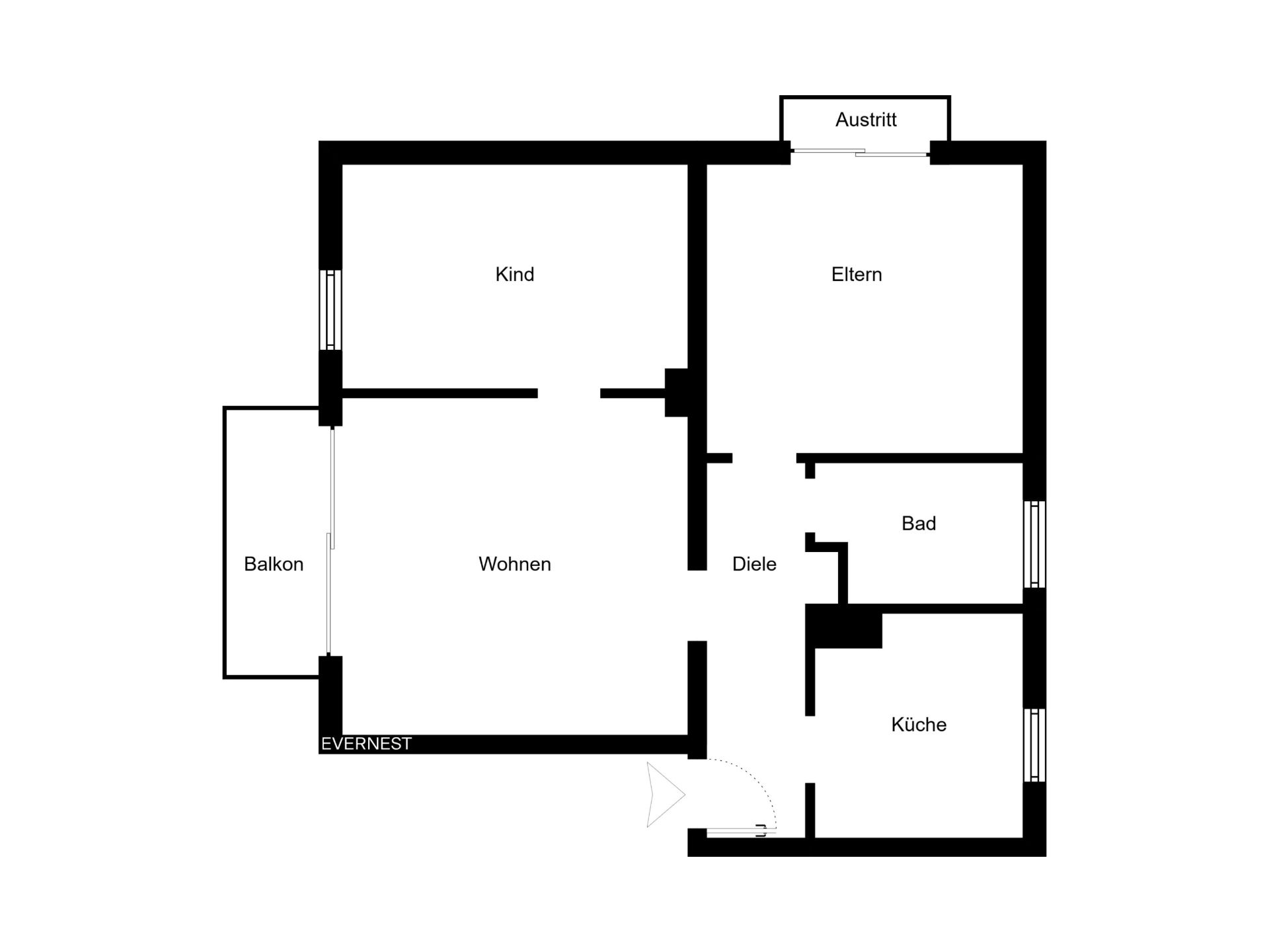 Wohnungsgrundriss mit Zimmern: Kind, Eltern, Wohnen, Küche, Bad, Diele und Balkon.