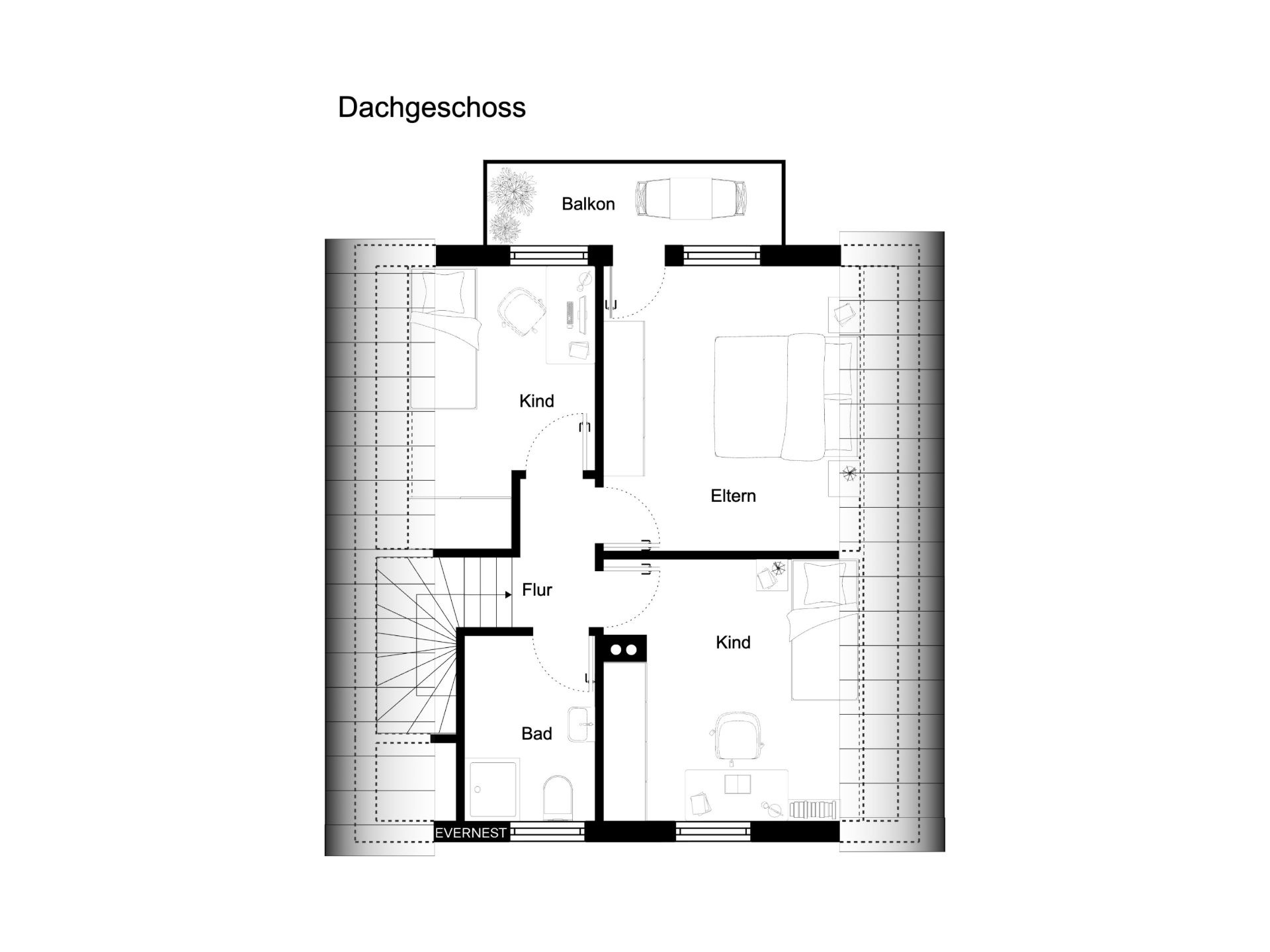 Grundriss eines Dachgeschosses mit drei Schlafzimmern, Bad, Flur und Balkon.