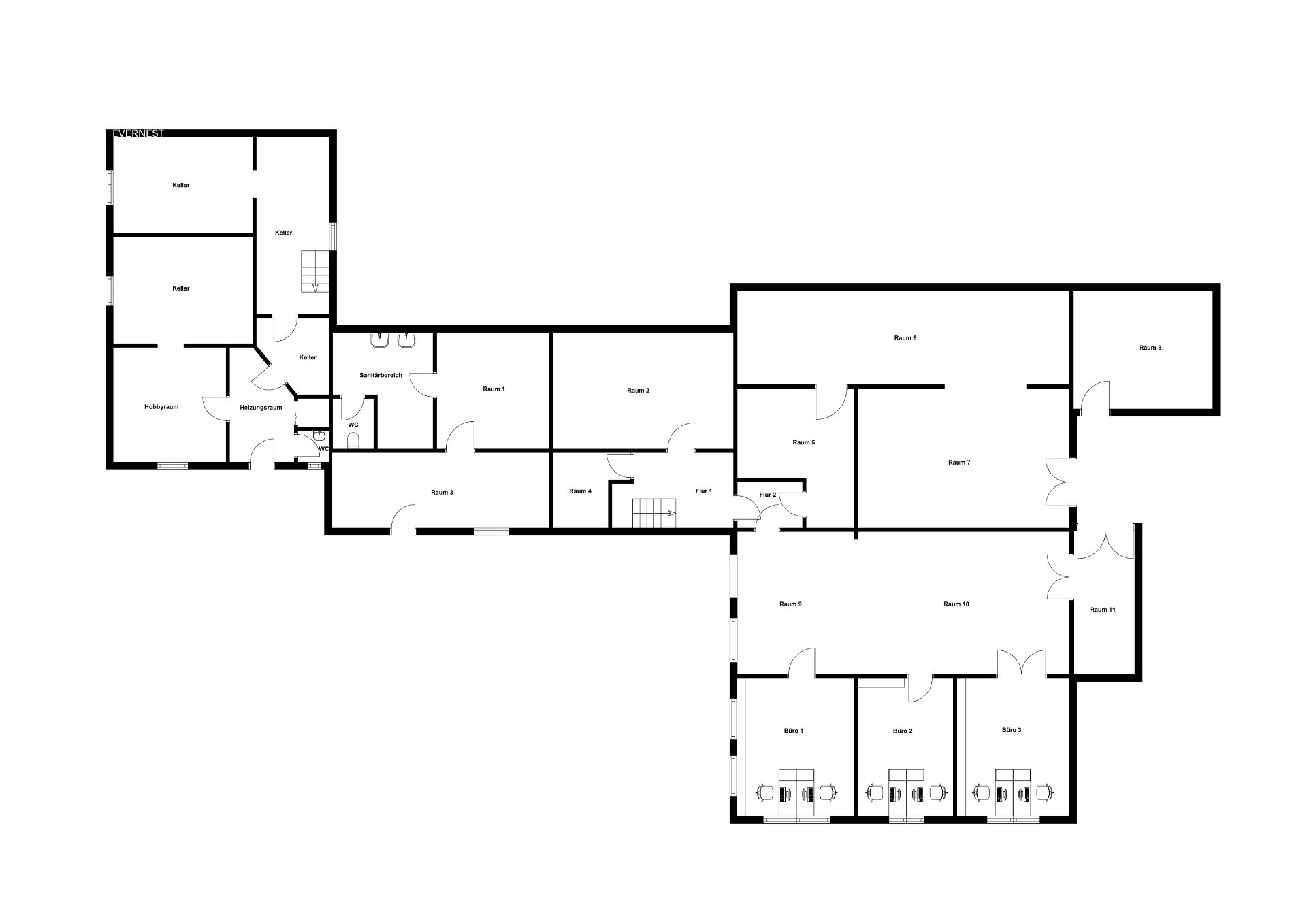 Grundriss eines Wohnhauses mit mehreren Zimmern, Bädern und Kellerräumen.