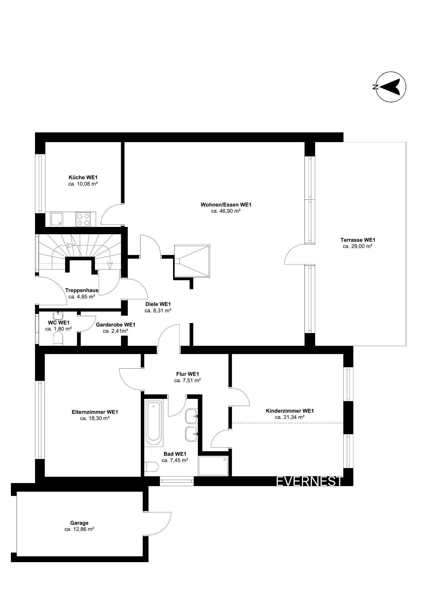Grundriss einer Wohnung mit Küche, Wohnzimmer, Bad, WC, Schlafzimmer, Kinderzimmer, Terrasse und Garage.
