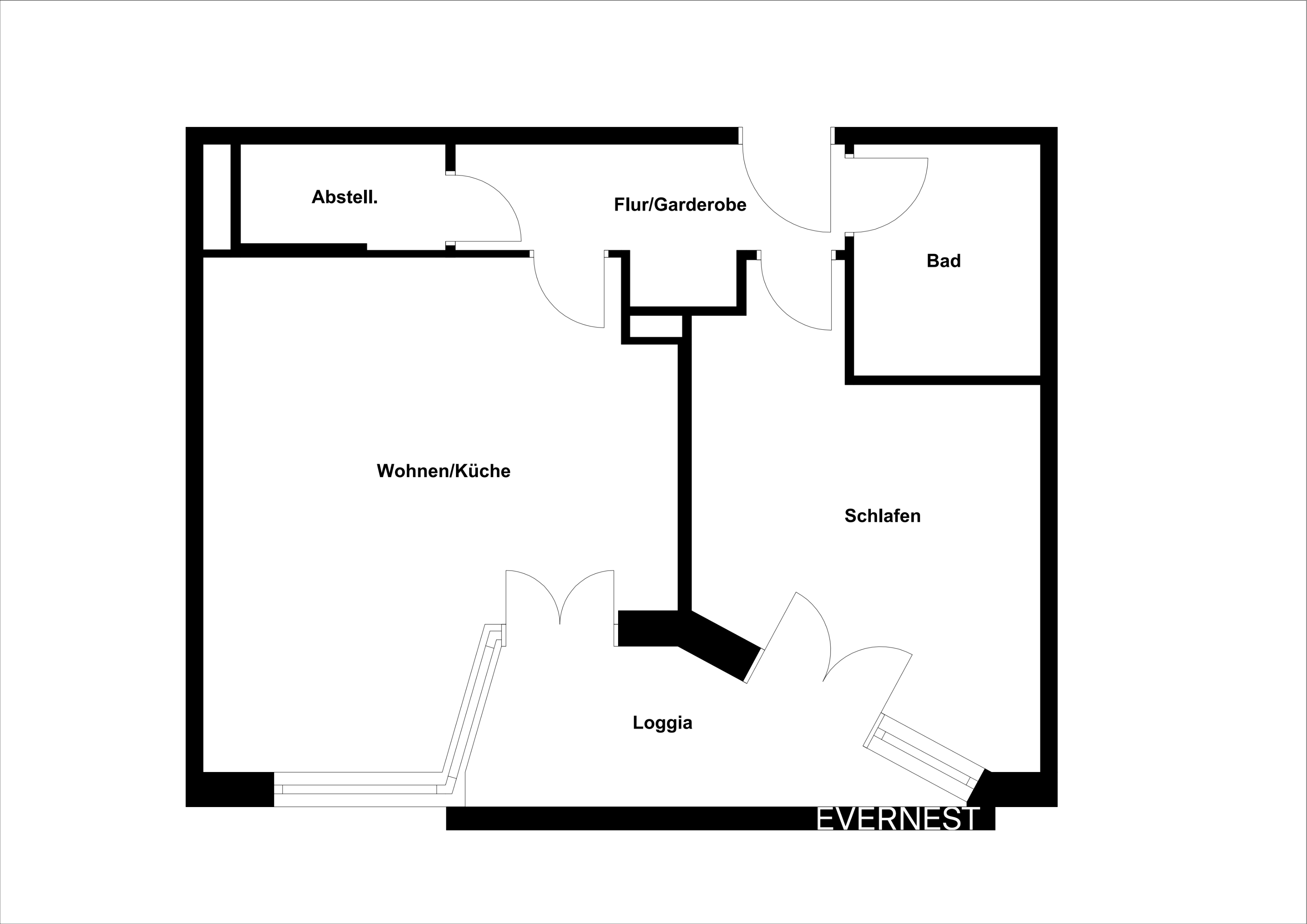 Grundriss einer Wohnung mit Wohnzimmer/Küche, Schlafzimmer, Bad, Abstellraum und Loggia.