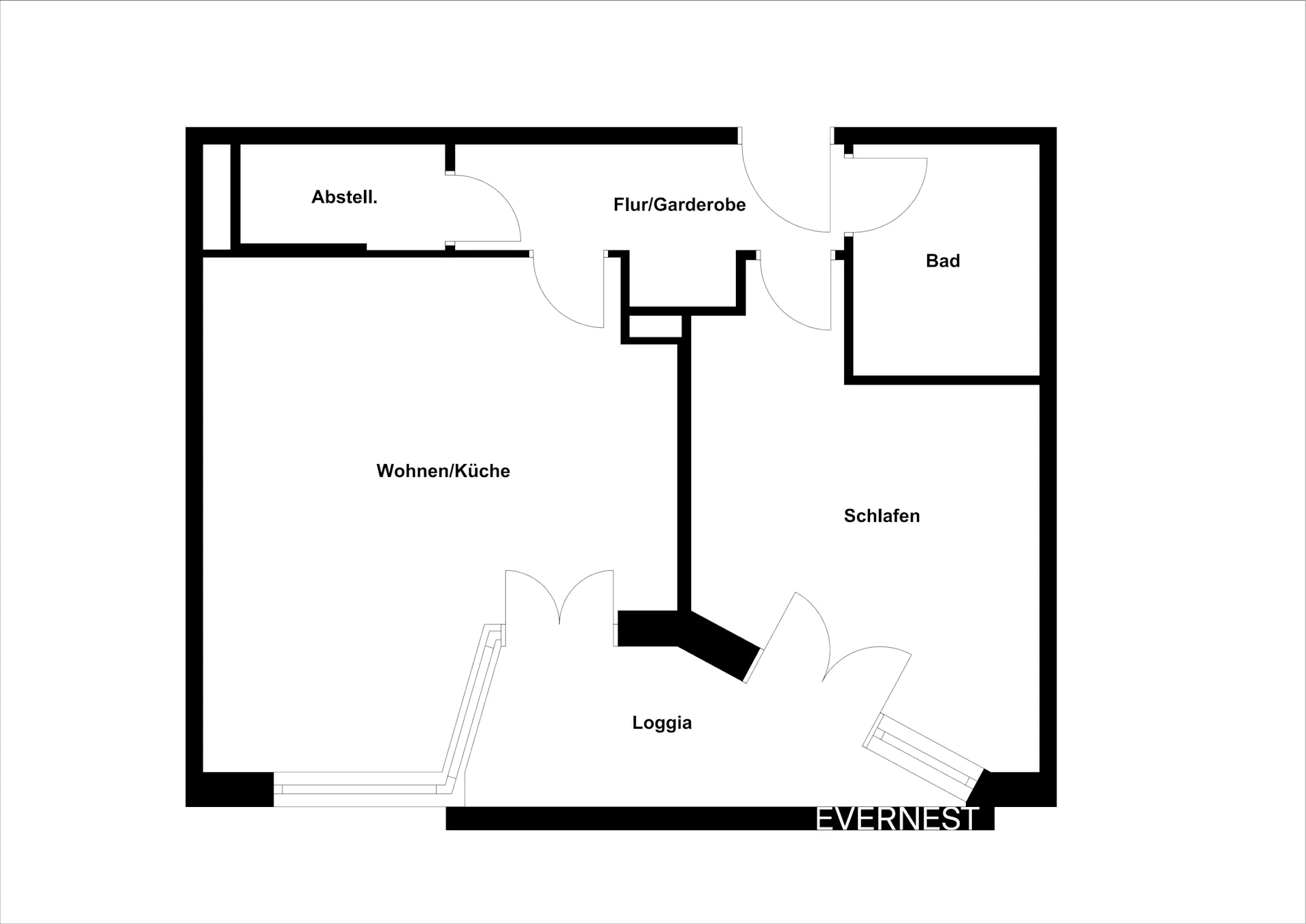 Grundriss einer Wohnung mit Wohnzimmer/Küche, Schlafzimmer, Bad, Abstellraum und Loggia.