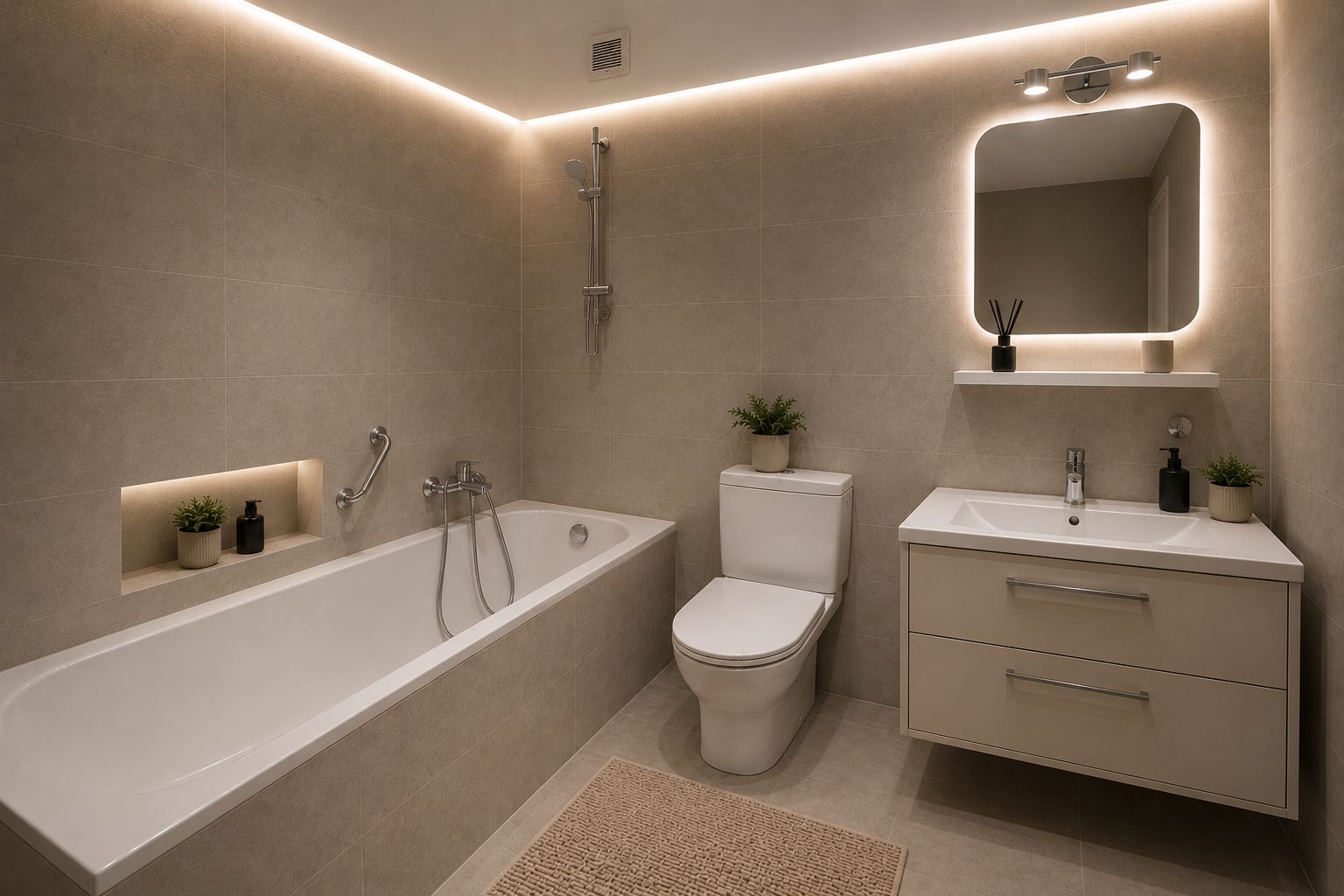 Modernes Badezimmer mit Badewanne, Toilette, Waschbecken, Spiegel und Pflanzen auf Ablagen.